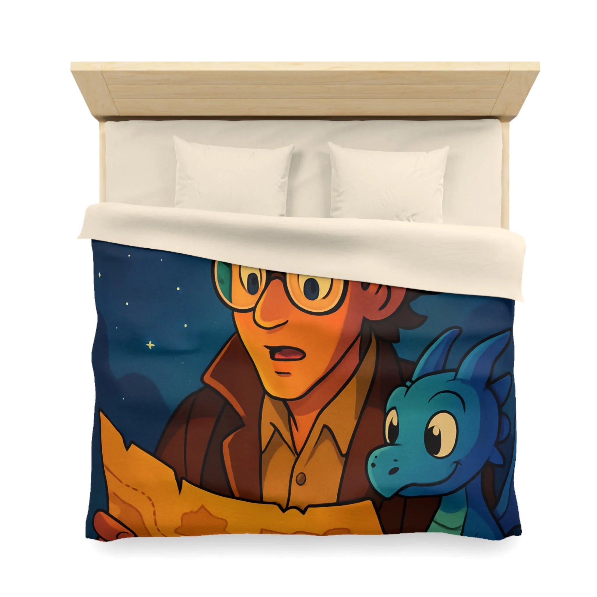 Aventure nocturne avec explorateur et dragon bleu sous planètes mystiques sur fond étoilé