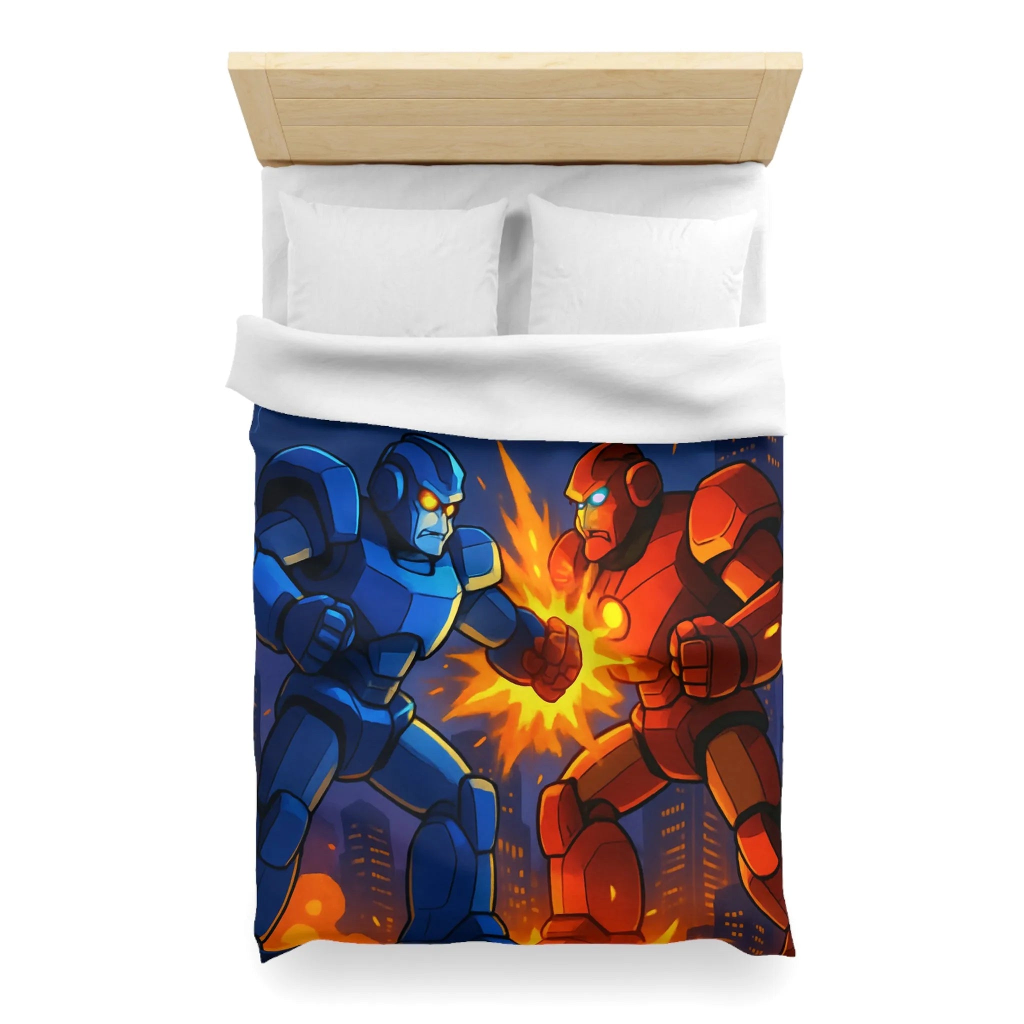 Housse de couette futuriste robots en combat dans une ville éclairée par l'orage