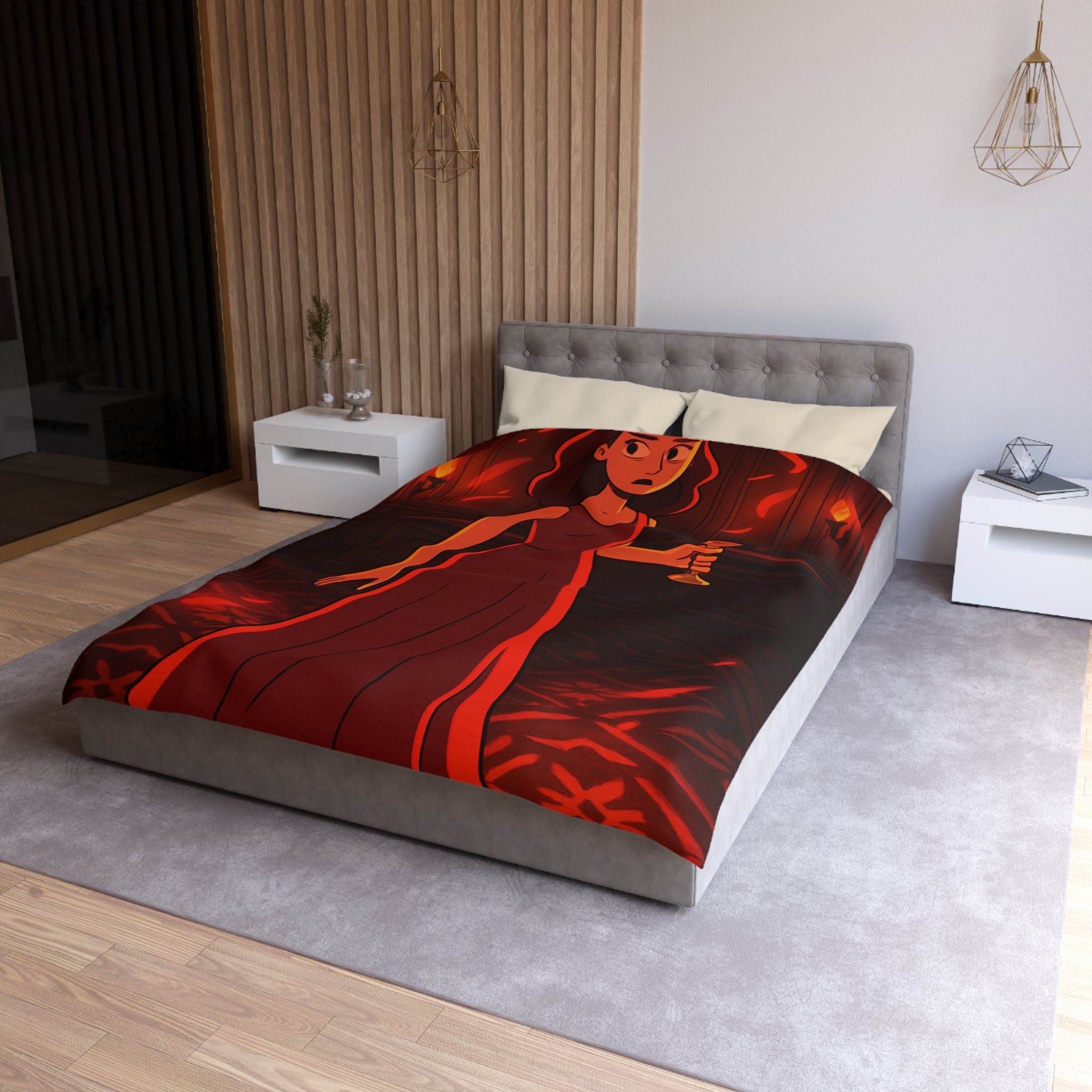 Housse de couette rouge élégante avec motif femme et reflets lumineux mystérieux