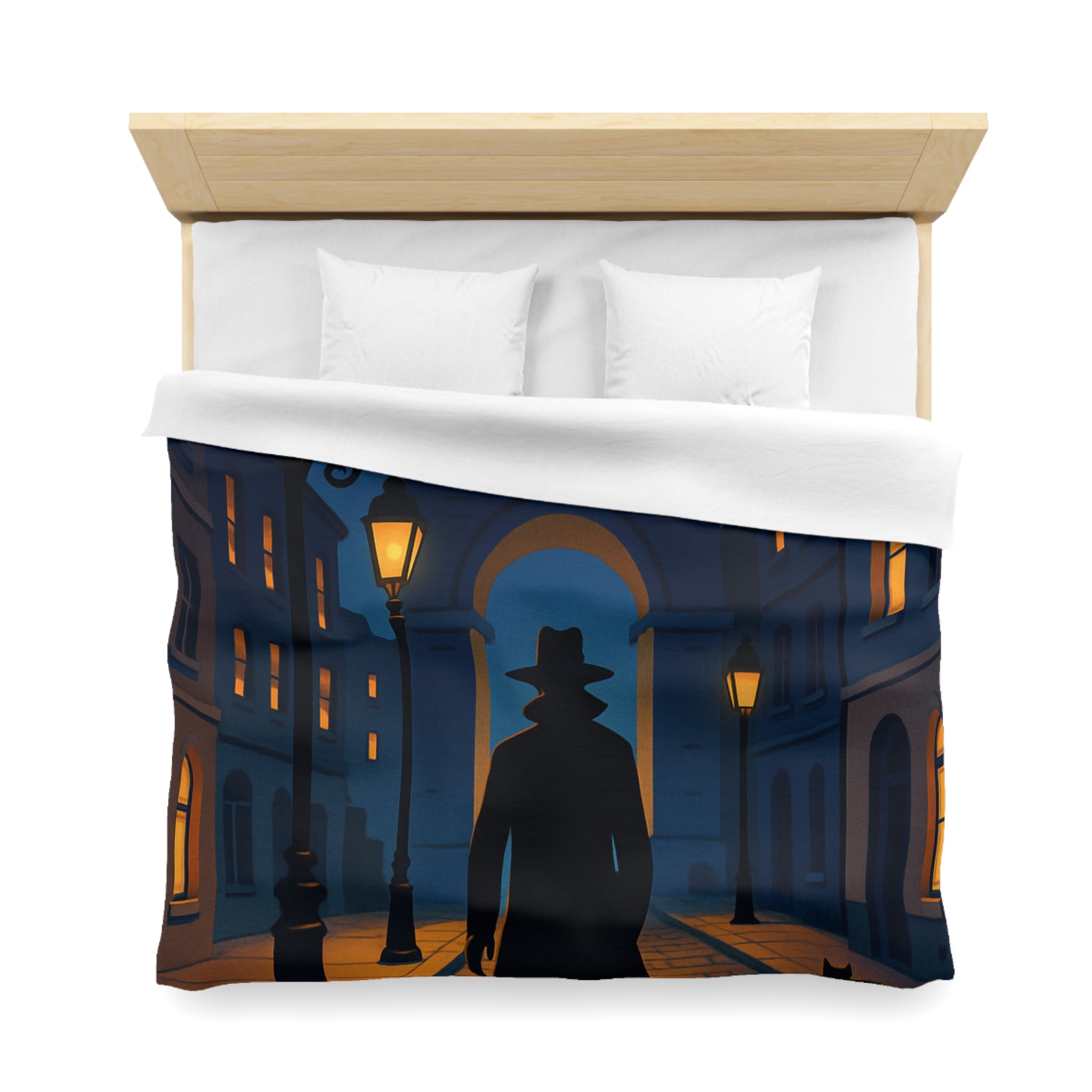 Housse de couette noire mystérieuse, silhouette d'homme avec chats et lampadaires nocturnes