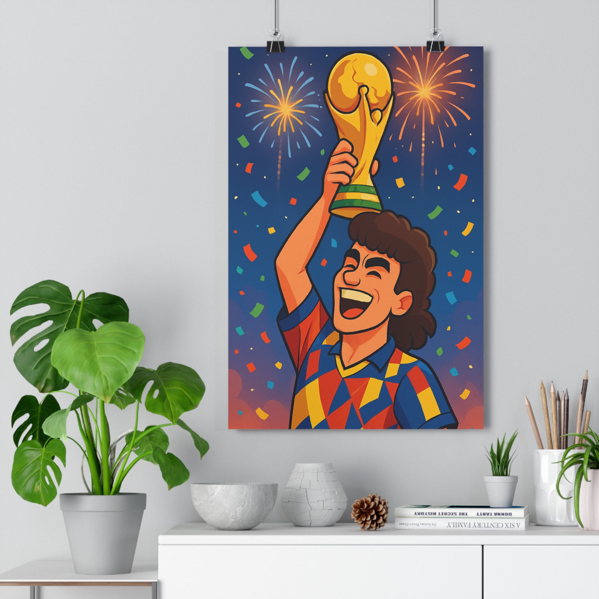 Poster décoratif football géométrique rouge bleu jaune chambre triomphe festif sportif vibrant victoire art