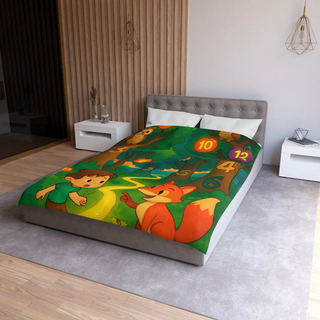 Housse de couette enfant colorée avec forêt magique, animaux et chiffres ludiques