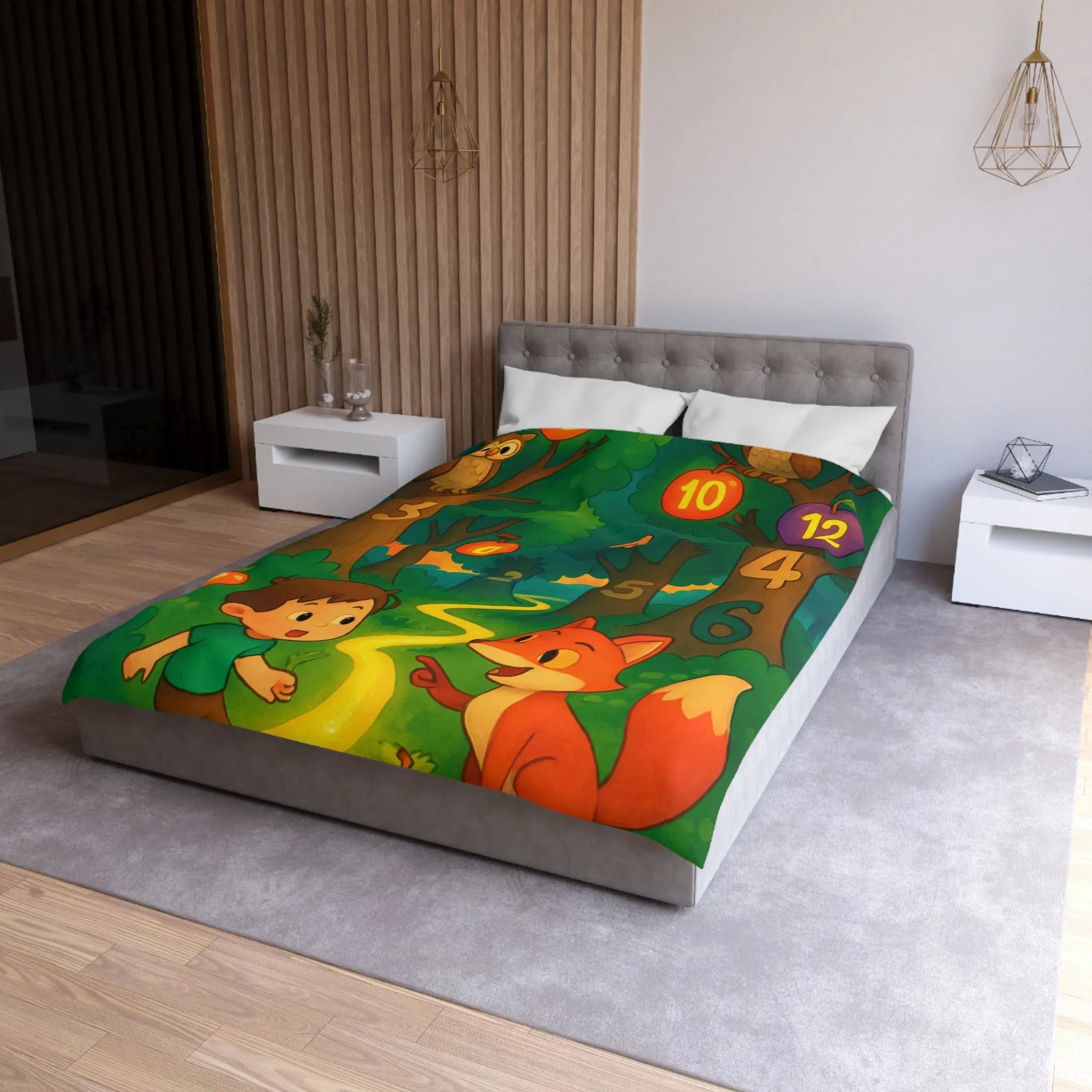 Housse de couette enfant colorée avec forêt magique, animaux et chiffres ludiques