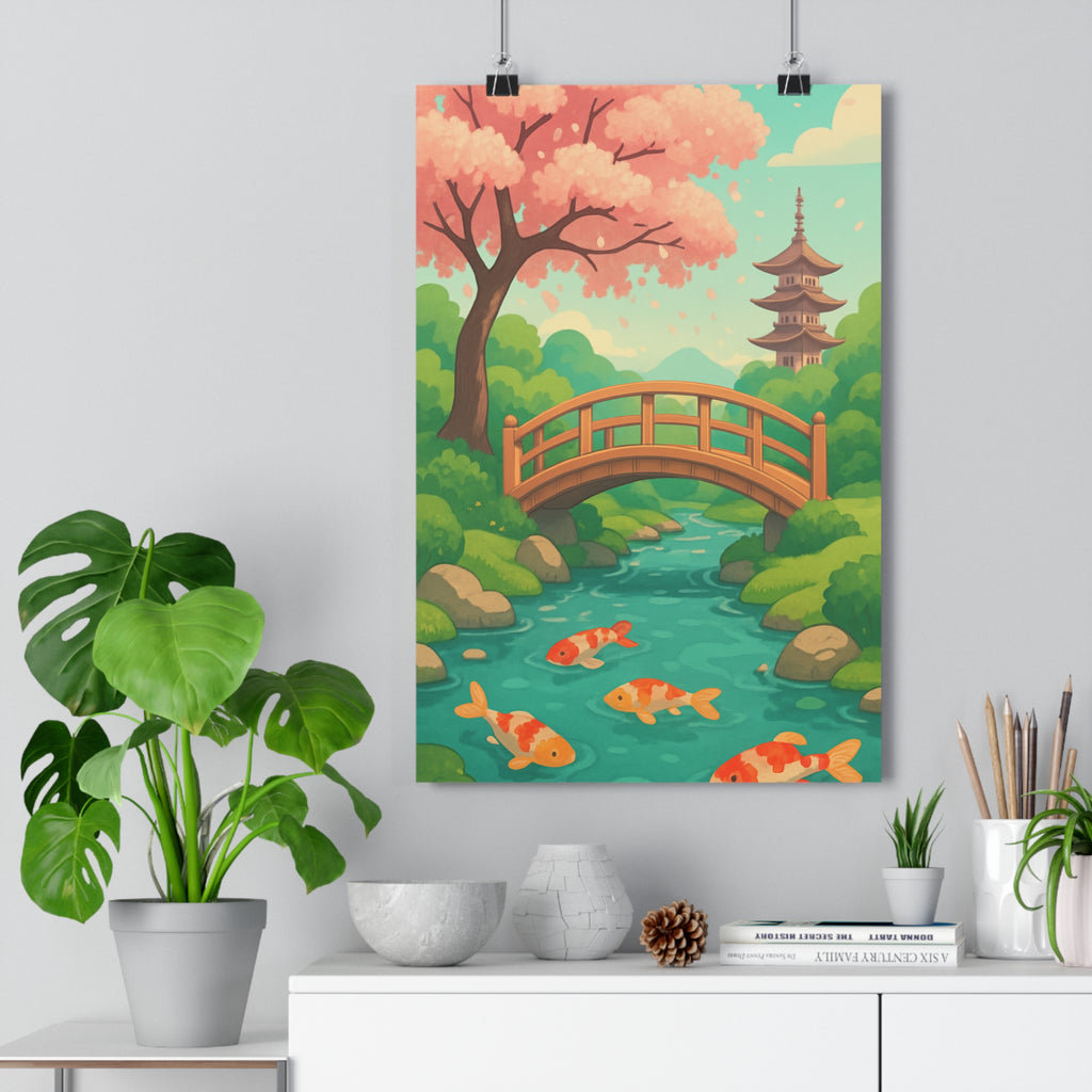 Poster décoratif cartoon zen coloré paisible salon méditation apaisant fleurs pont bois rivière qualité