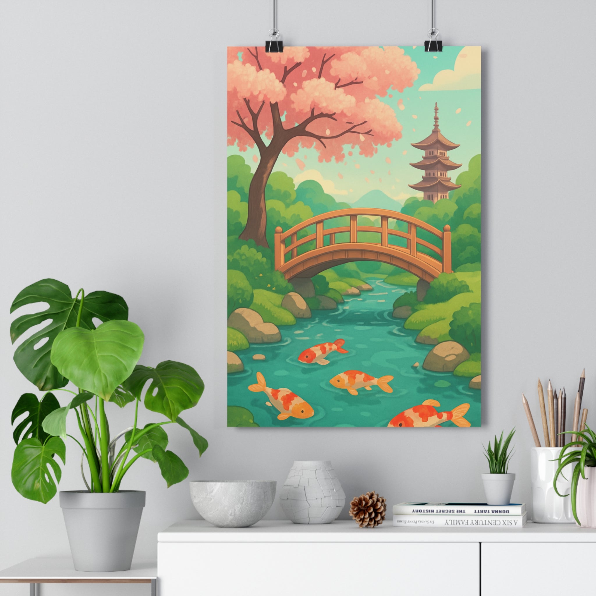 Poster décoratif cartoon zen coloré paisible salon méditation apaisant fleurs pont bois rivière qualité