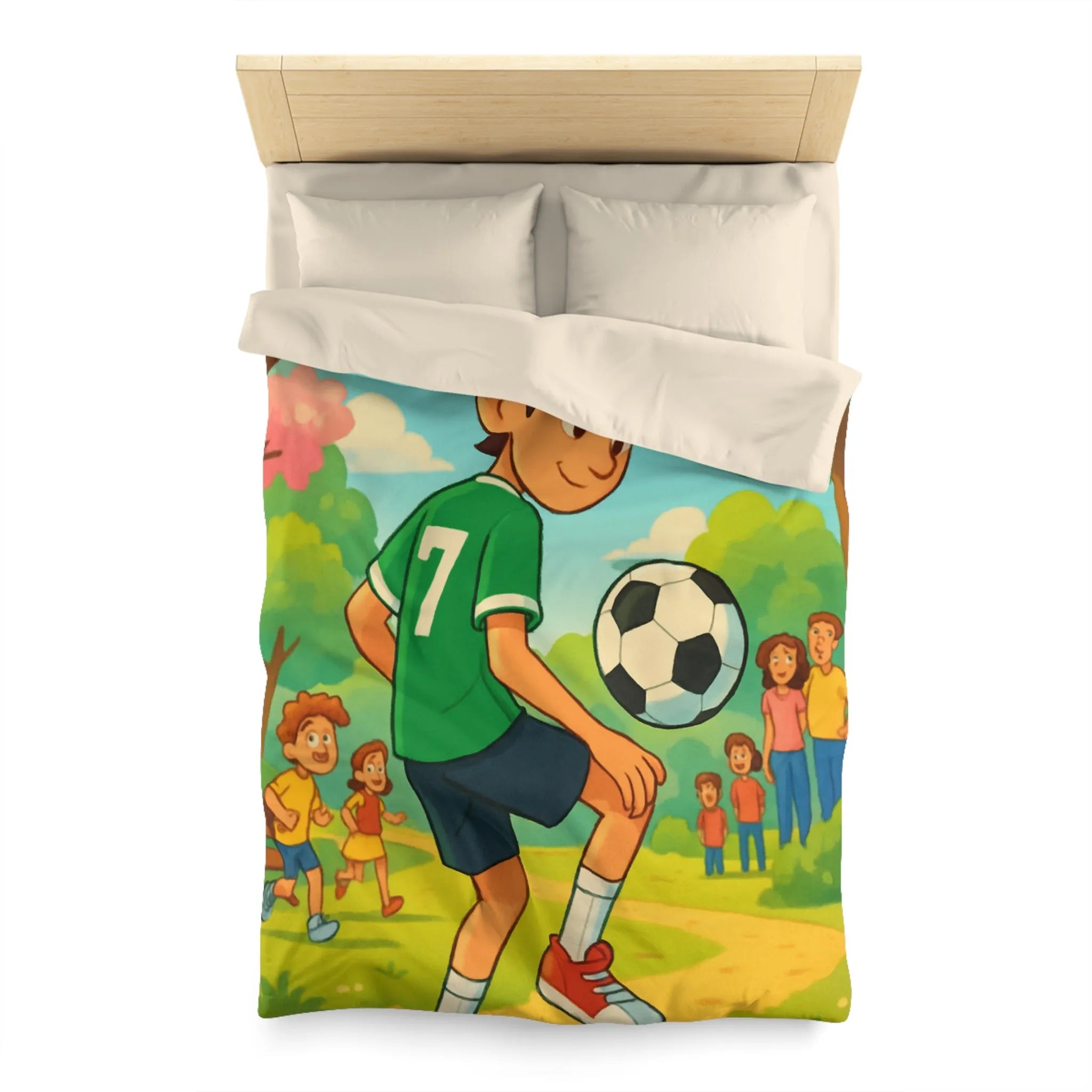 'Housse de couette enfant : garçon jouant au football dans parc coloré et animé'