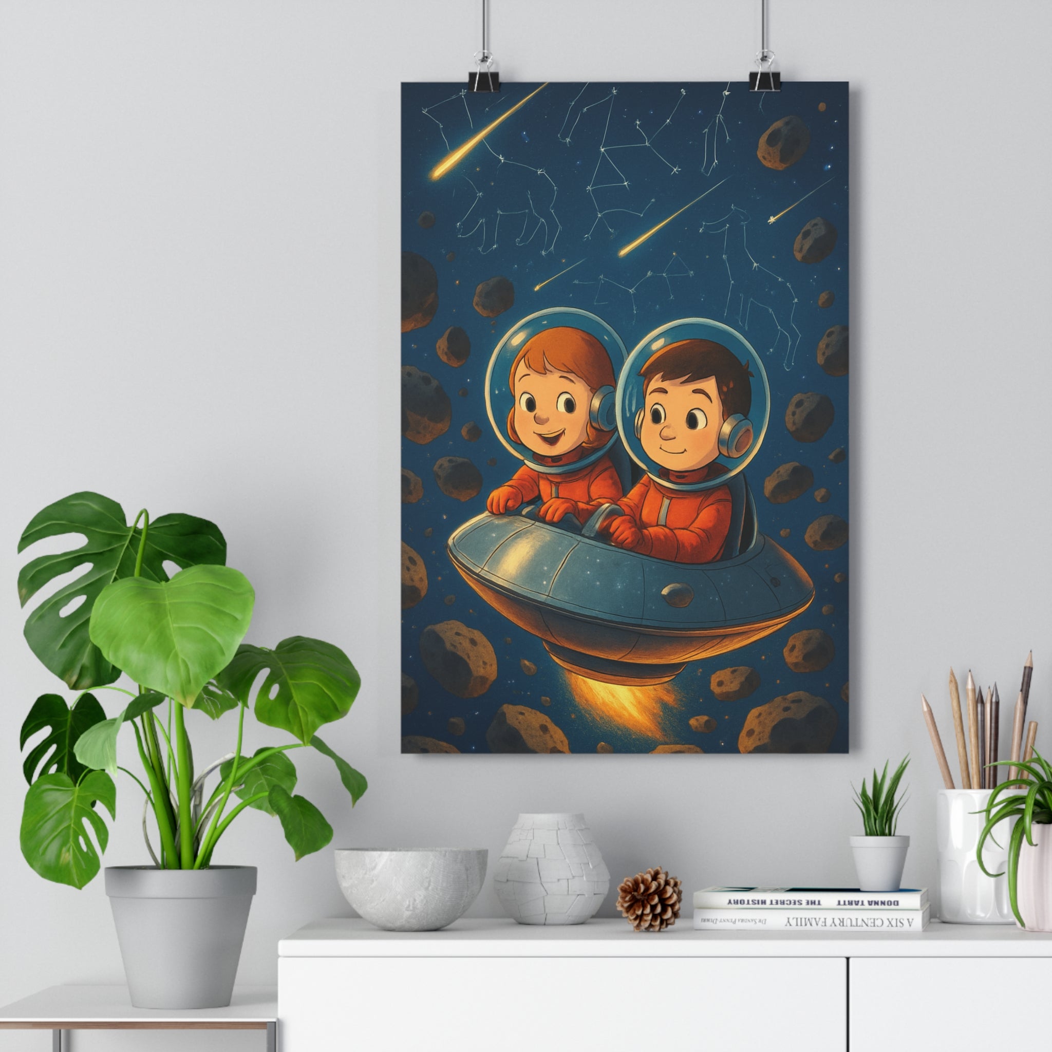 Poster décoratif rétro aventure étoiles couleurs vives chambre enfant constellations espace nostalgique vintage décoration