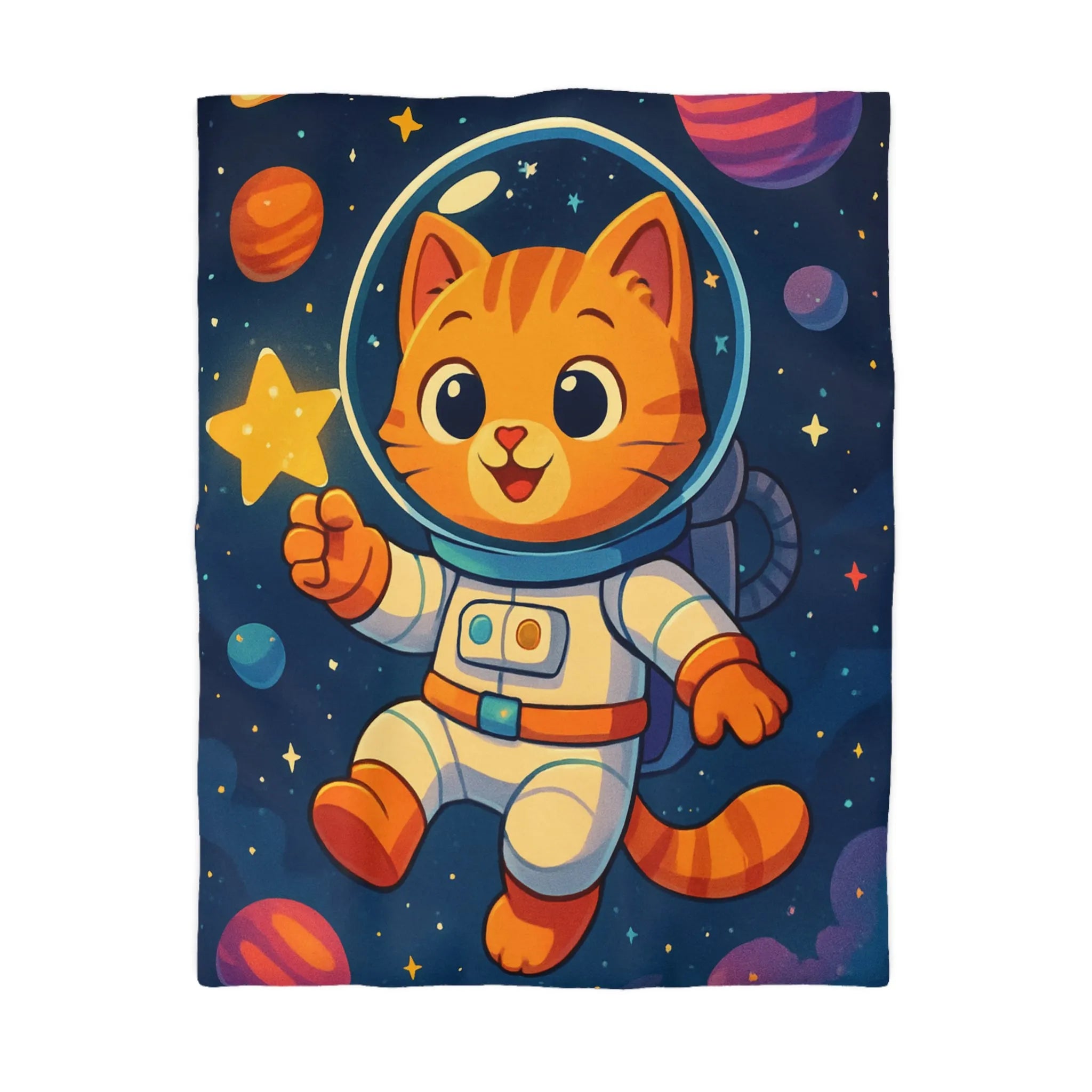 Housse de Couette avec Chat Astronaute et Étoiles dans Espace Coloré pour Enfants