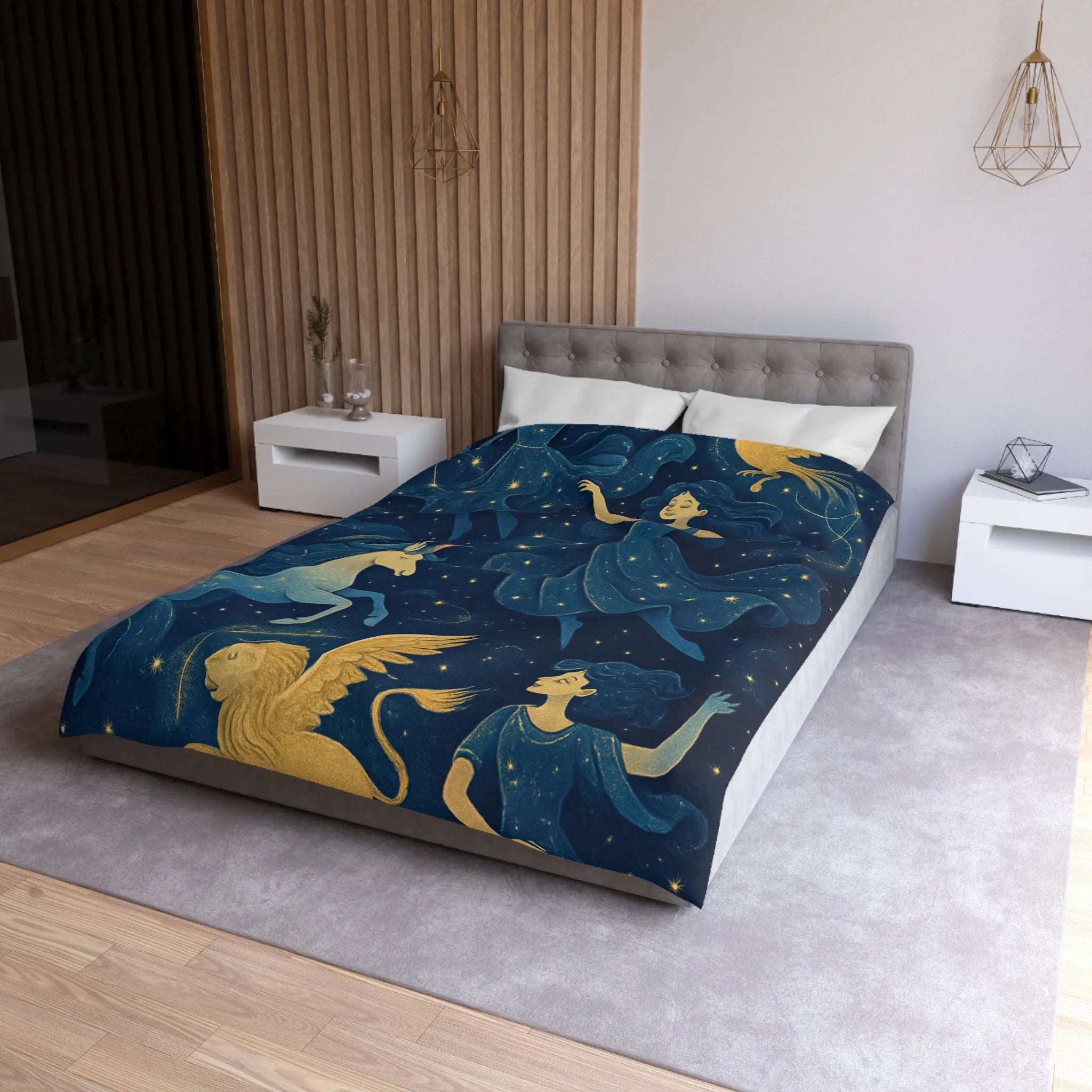 Housse de couette étoilée avec créatures mythiques et danseuses dans une palette bleue or