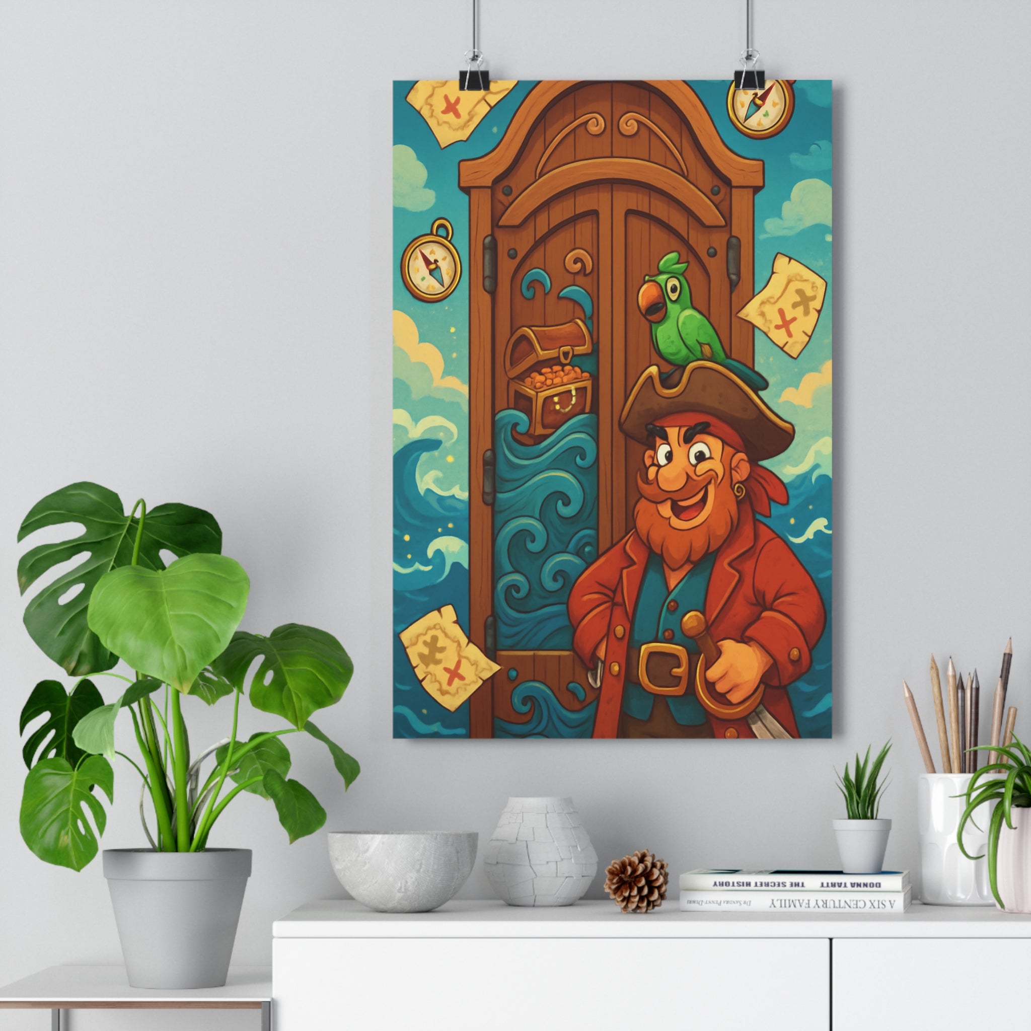 Poster décoratif aventure pirate vert bleu trésor chambre enfant ludique coloré joyeux marin bois