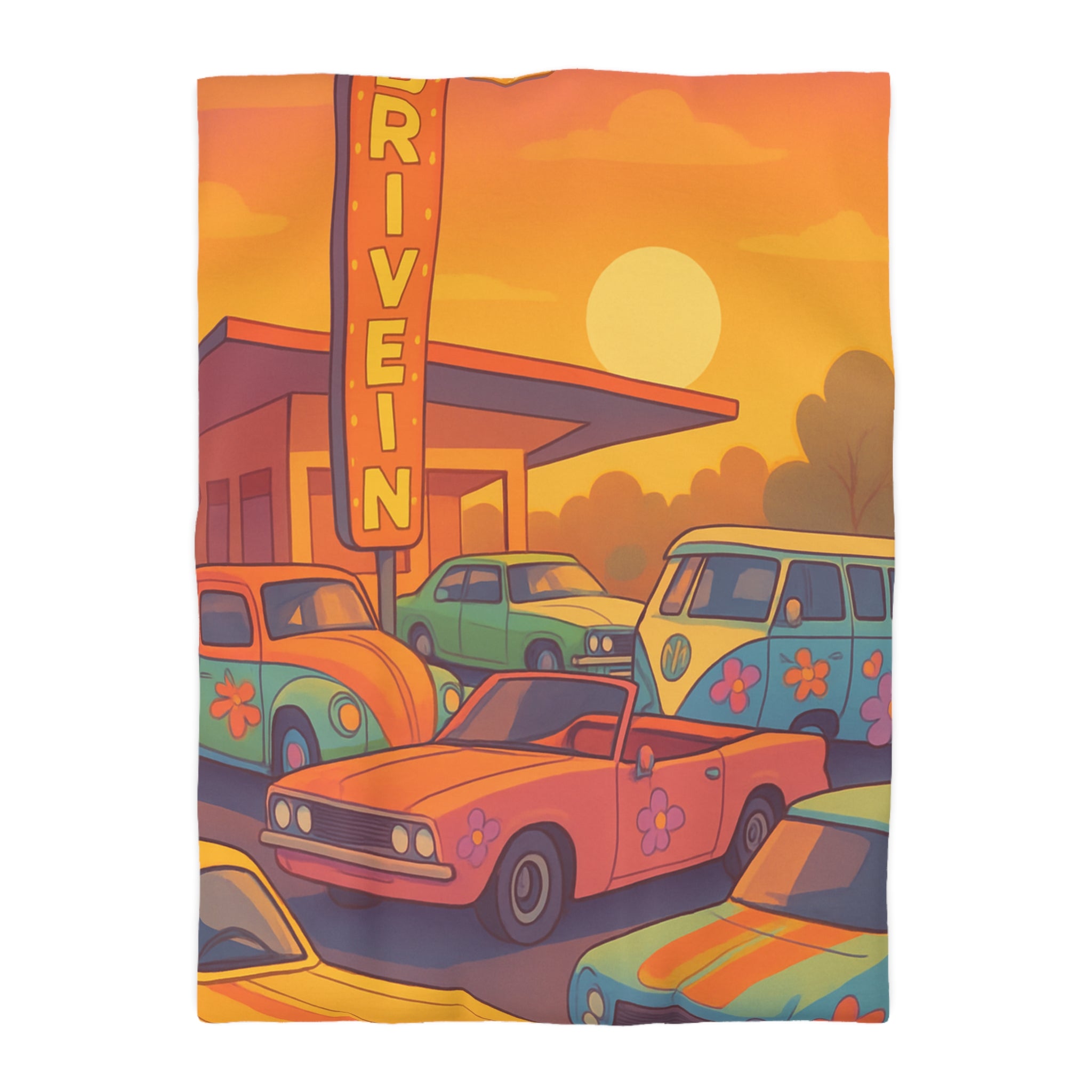 Vintage Style Housse de Couette Avec Anciennes Voitures et Coucher de Soleil Orange