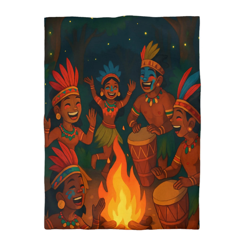 Housse de couette colorée avec illustration de danse tribale autour d'un feu de camp
