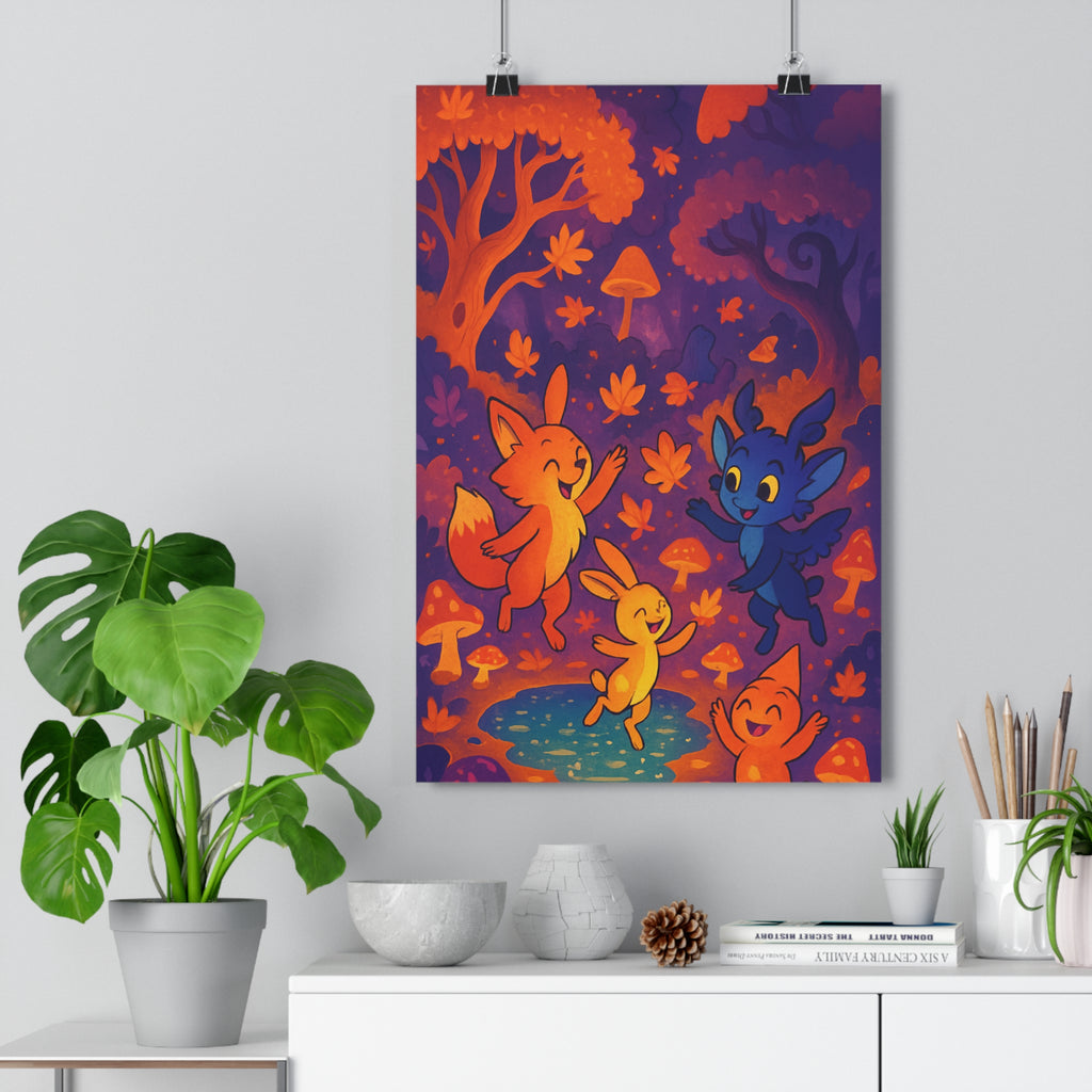 Poster décoratif forêt enchantée cartoon bleu orange violet magique joyeux enfant salon vibrant ambiance