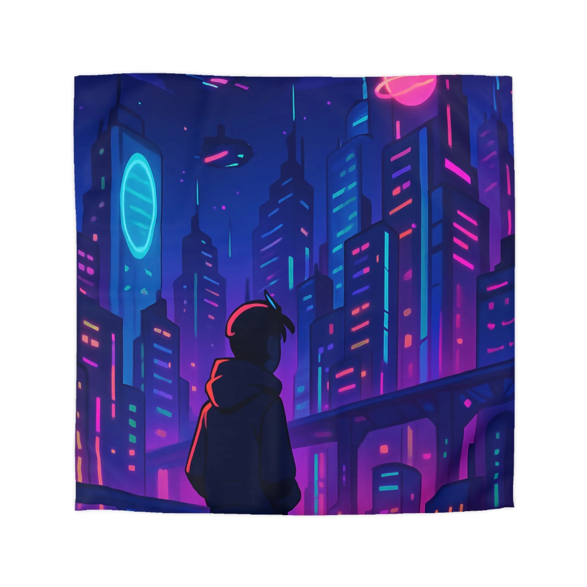 Housse de couette futuriste avec skyline néon vibrant et silhouette étoilée