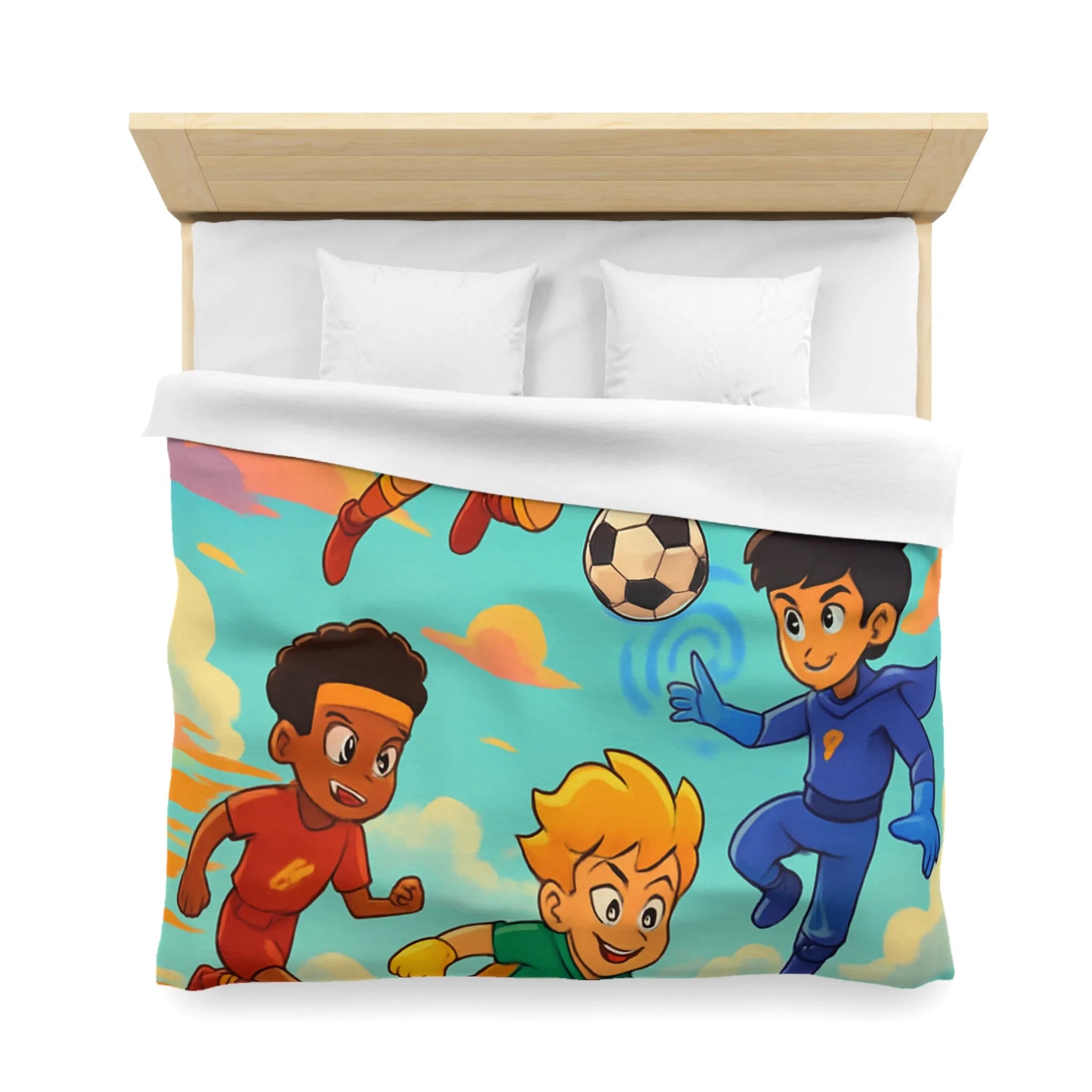 Housse de couette colorée avec enfants jouant au football dans un style cartoon céleste