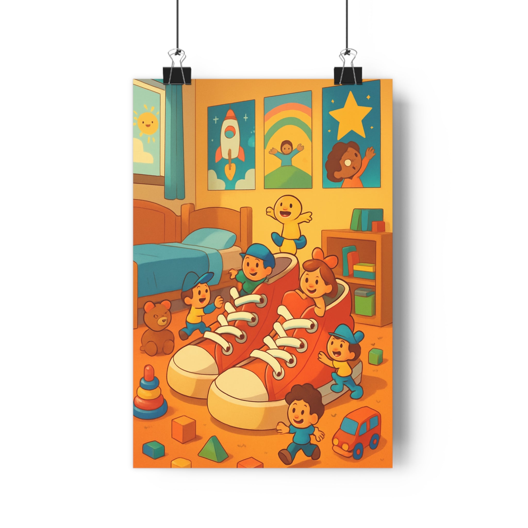 Poster décoratif enfant cartoon joyeux sneakers rouges jaune bleu chambre jeux fantaisie 50x70cm qualité