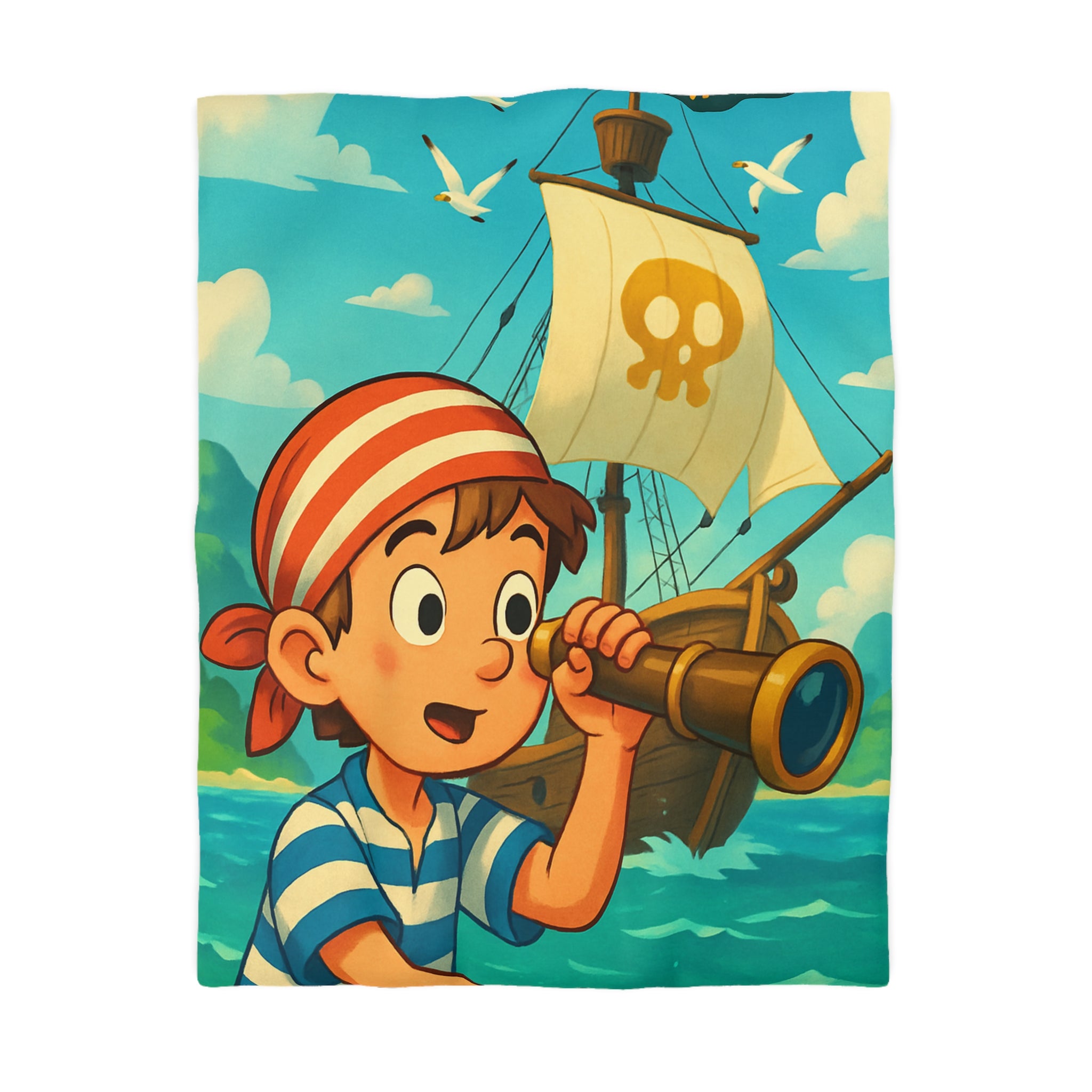 Housse de Couette Pirate Enfantine avec Bateau et Jumelles pour Chambre Aventure