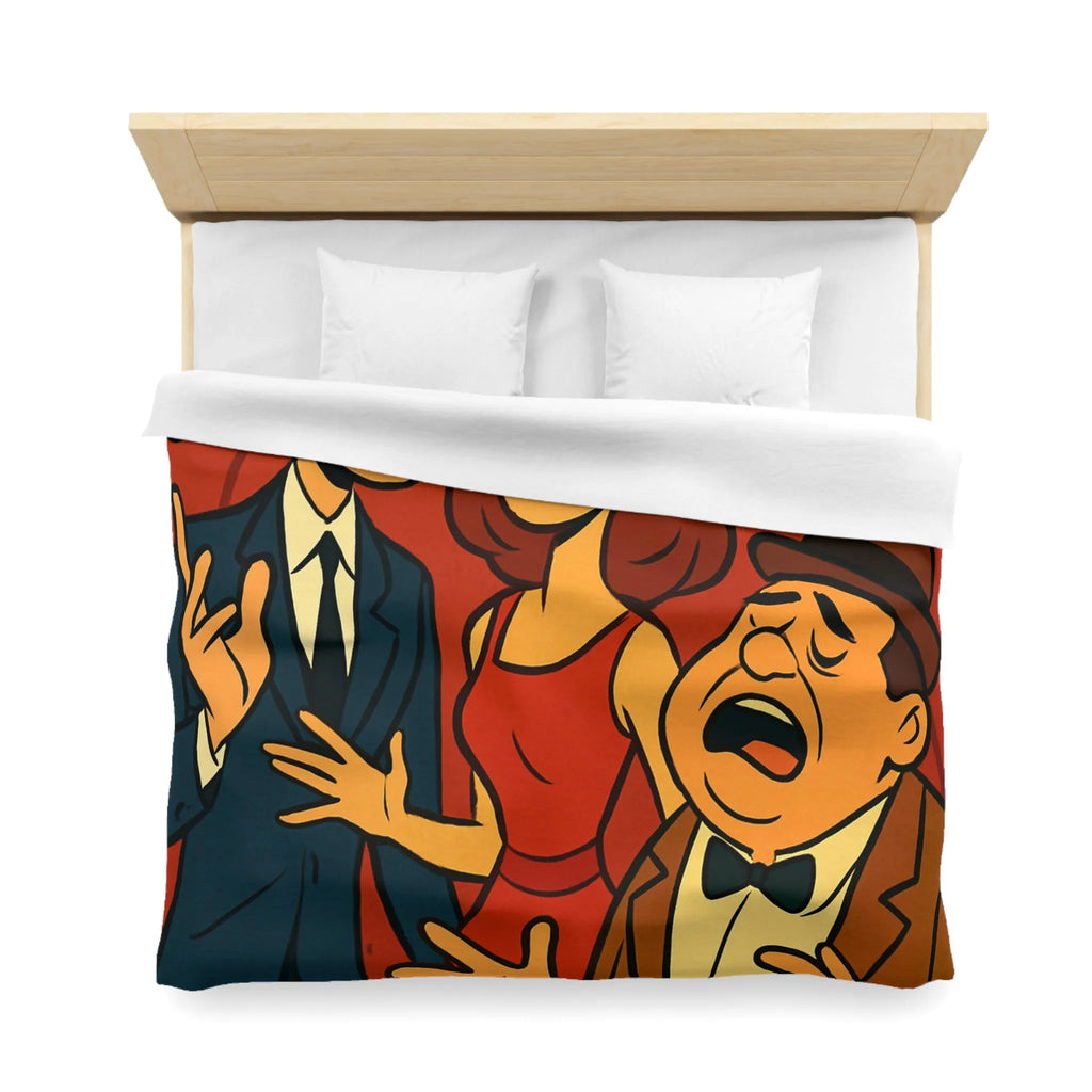 Ensemble vocal vintage animé exubérant, scène musicale rétro avec fond rouge et notes