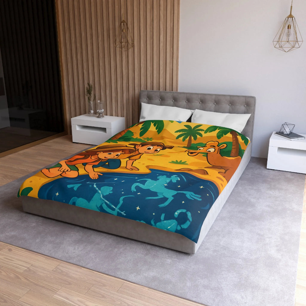 Housse de couette désert exotique enfants étoiles, animaux et aventuriers explorant oasis magique