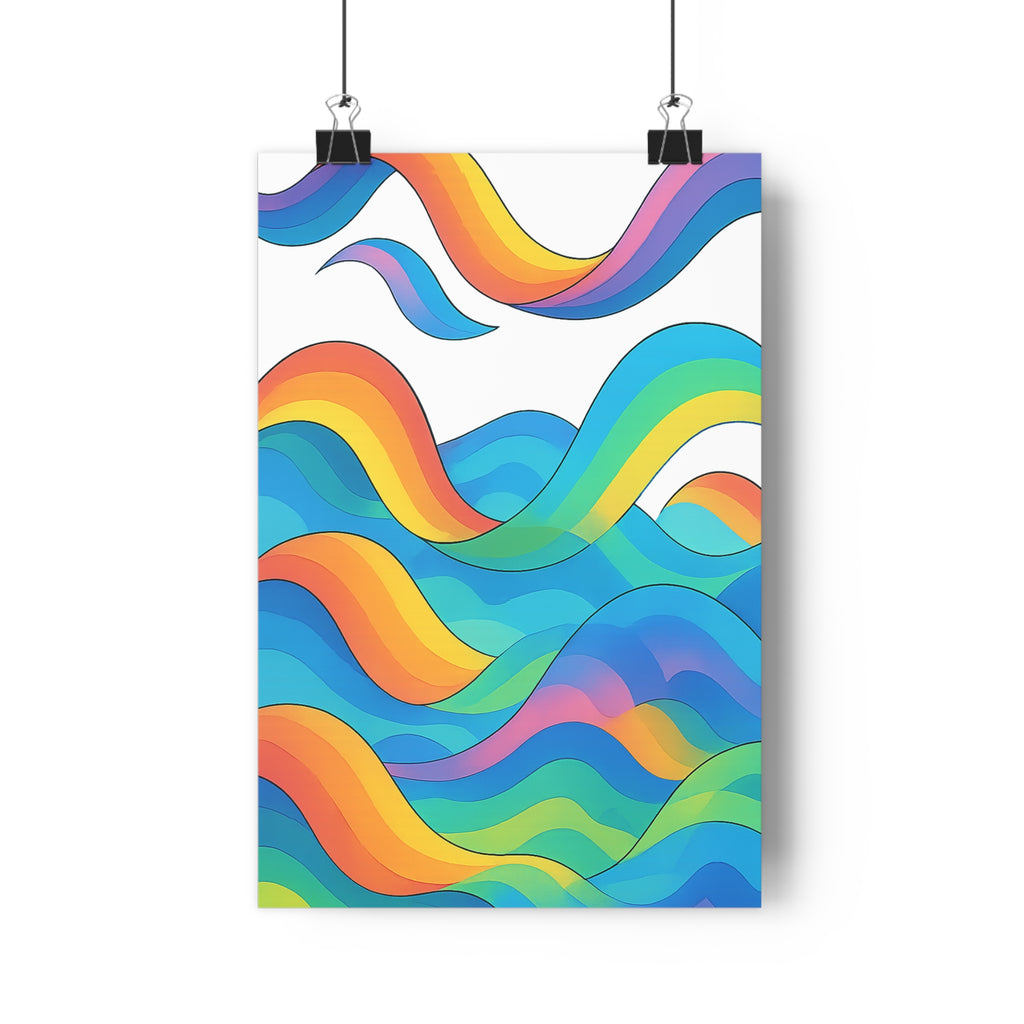 Poster décoratif coloré cartoon dynamique bleu jaune orange vert vague salon vibrant animé qualité