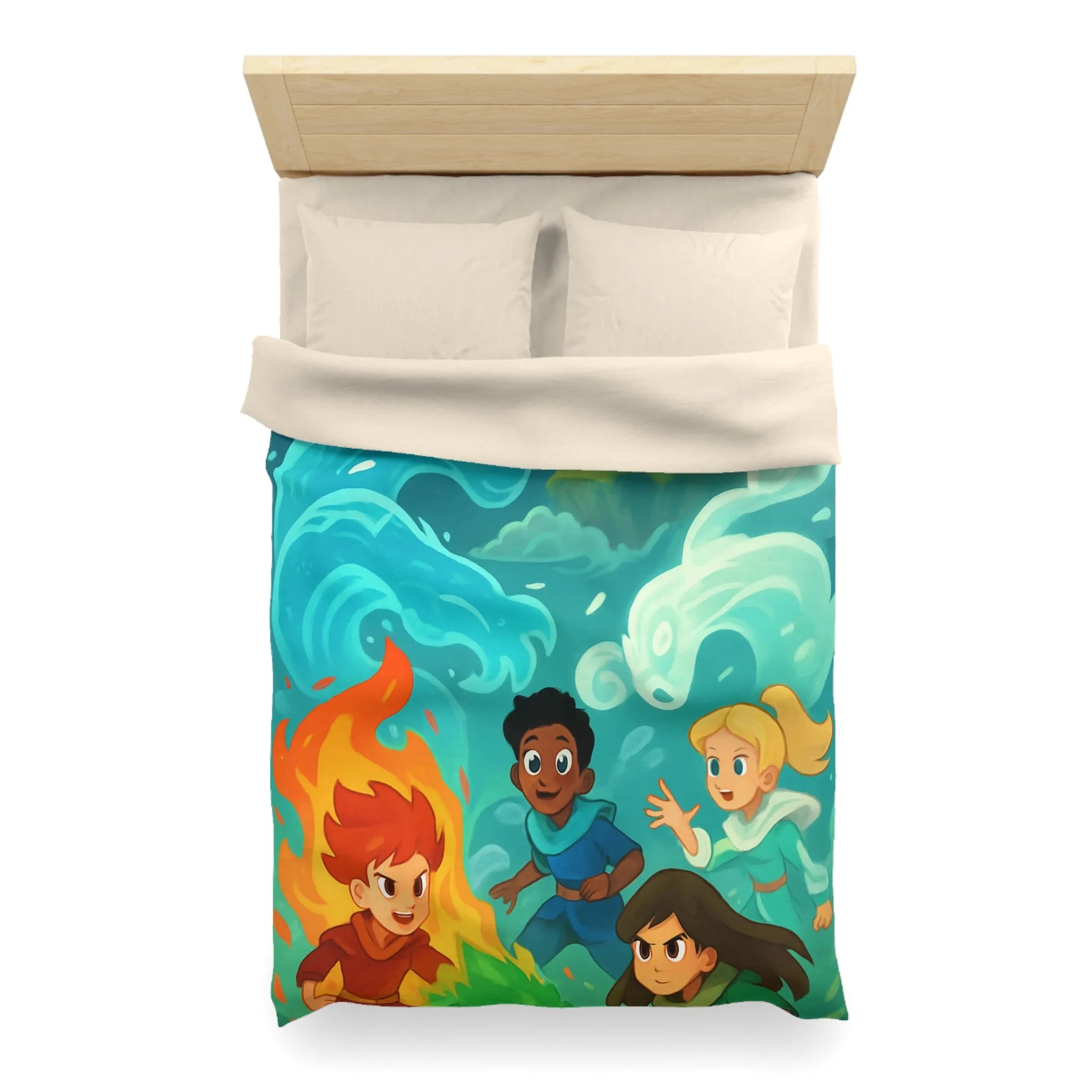 Housse de couette avec illustration de jeunes héros des éléments devant un château magique