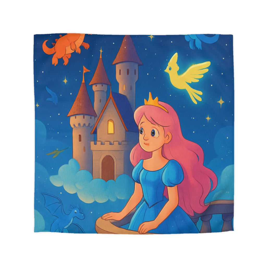 Housse de Couette Enfant Représentant Princesse et Dragons dans un Ciel Nocturne Magique