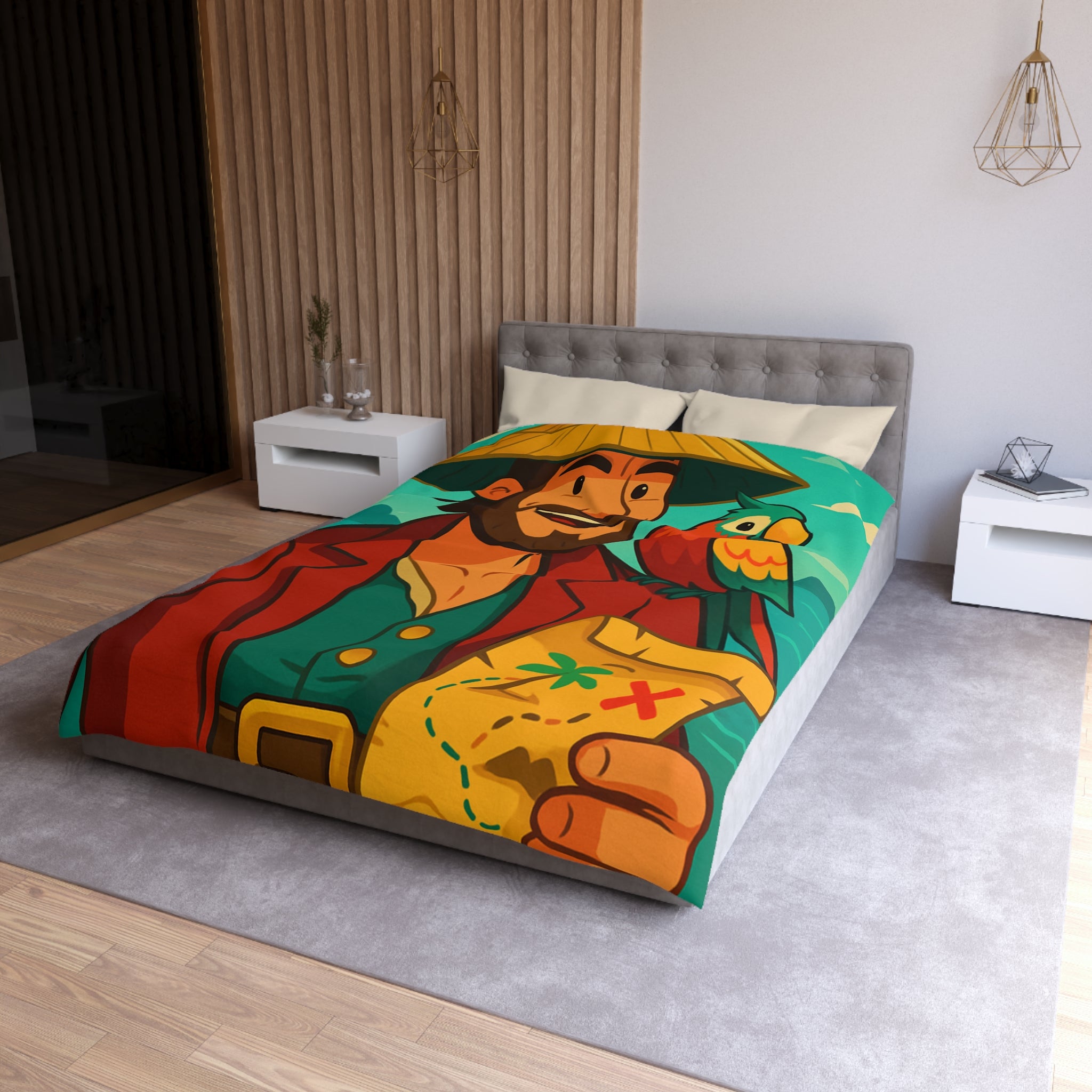 Housse de couette pirate aventurier avec perroquet coloré et carte au trésor illustrée
