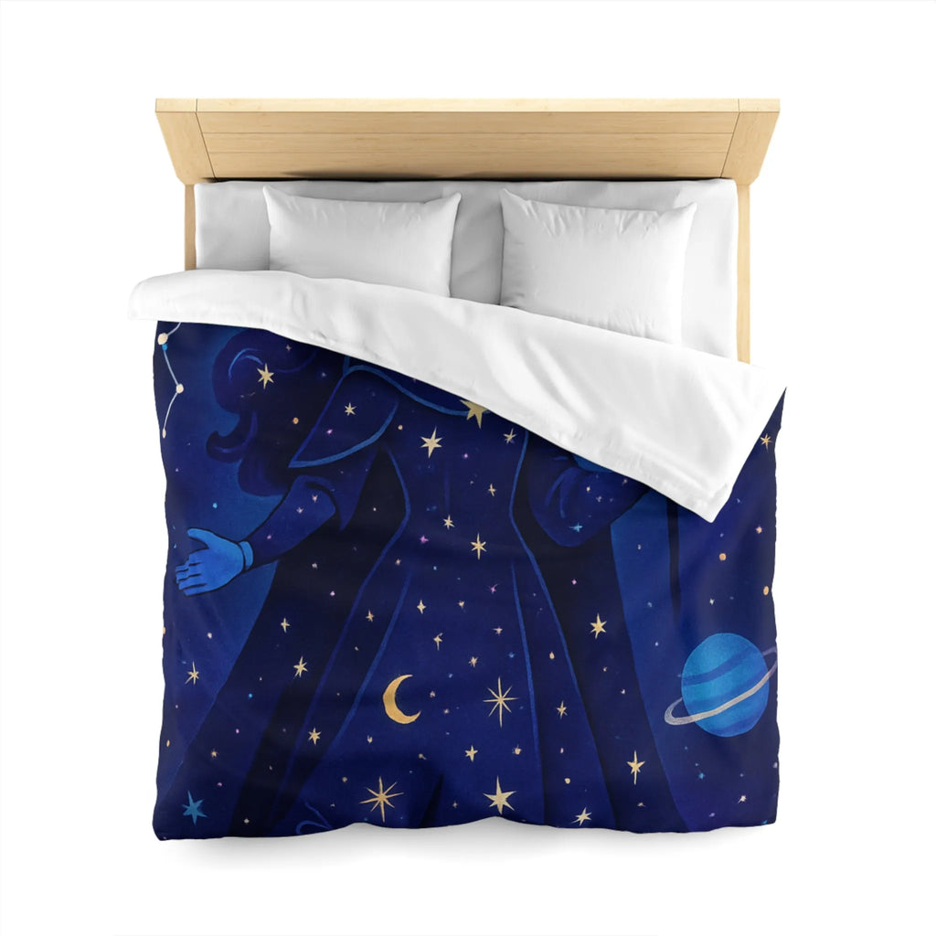 Housse de couette illustration déesse cosmique étoiles lune mystique bleu nuit magique