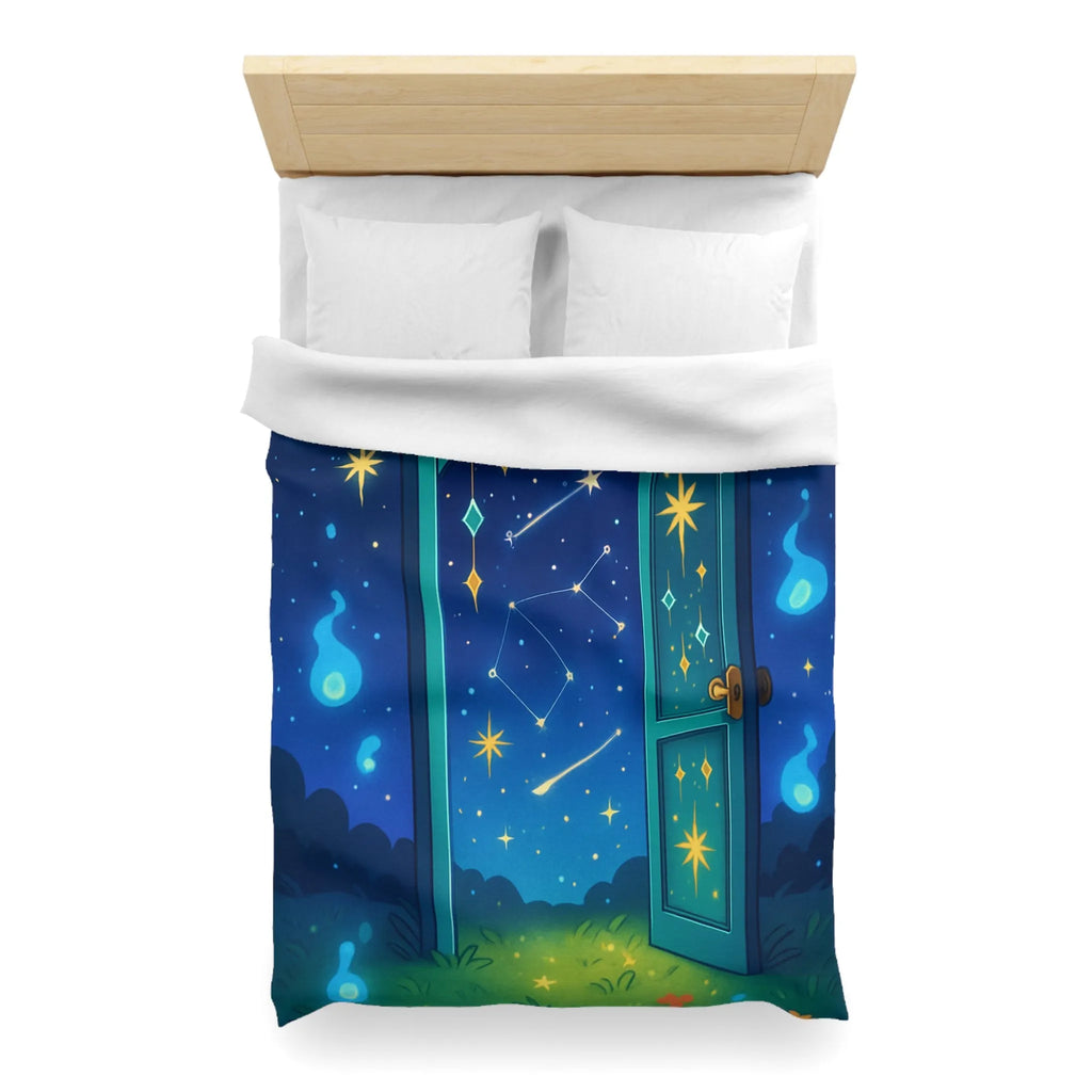 Housse de couette magique avec porte ouverte sur ciel étoilé bleu et constellations