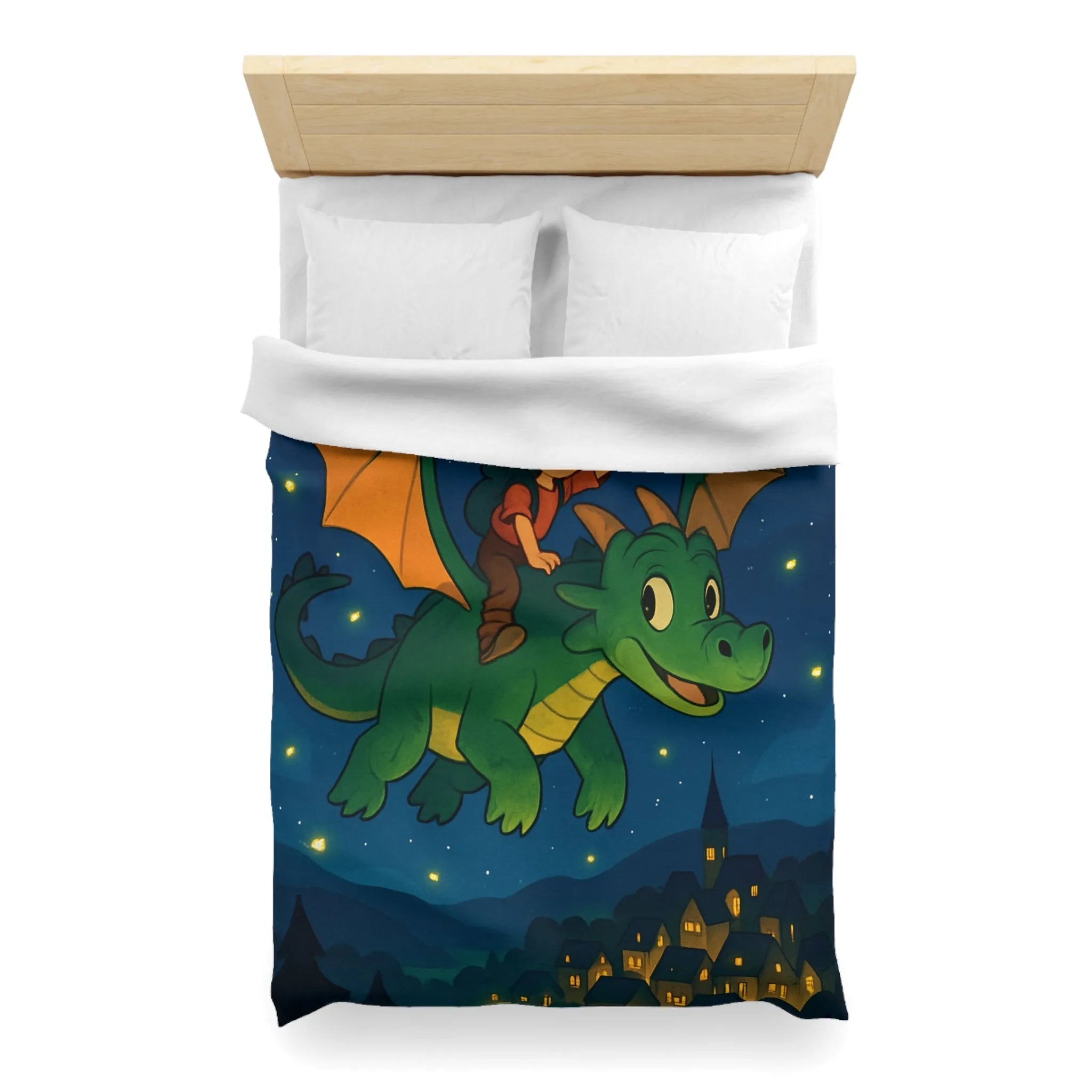 Housse de couette magique avec dragon et enfant volant dans un ciel étoilé