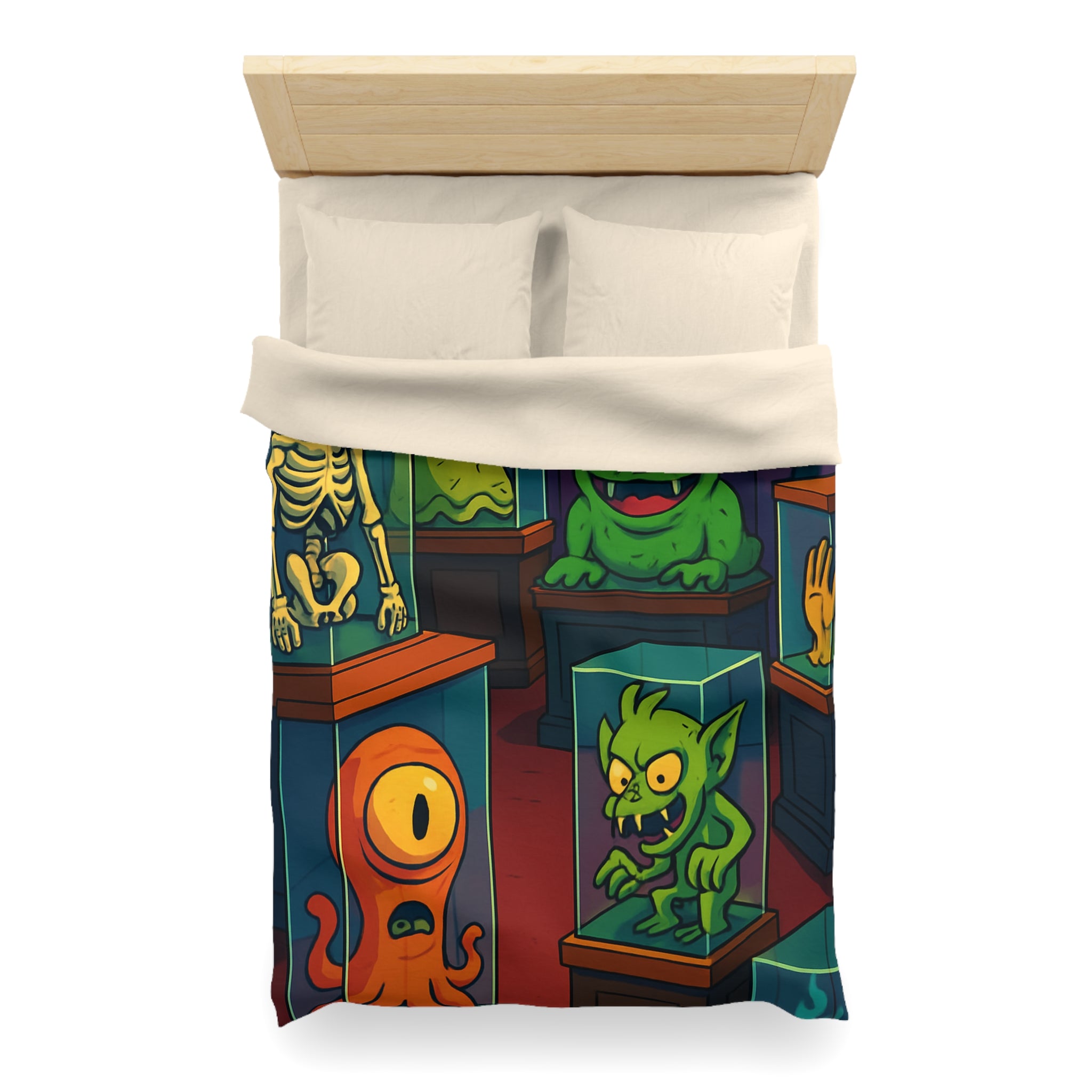 Housse de couette pour enfant avec monstres comiques dans un musée fantaisiste et coloré