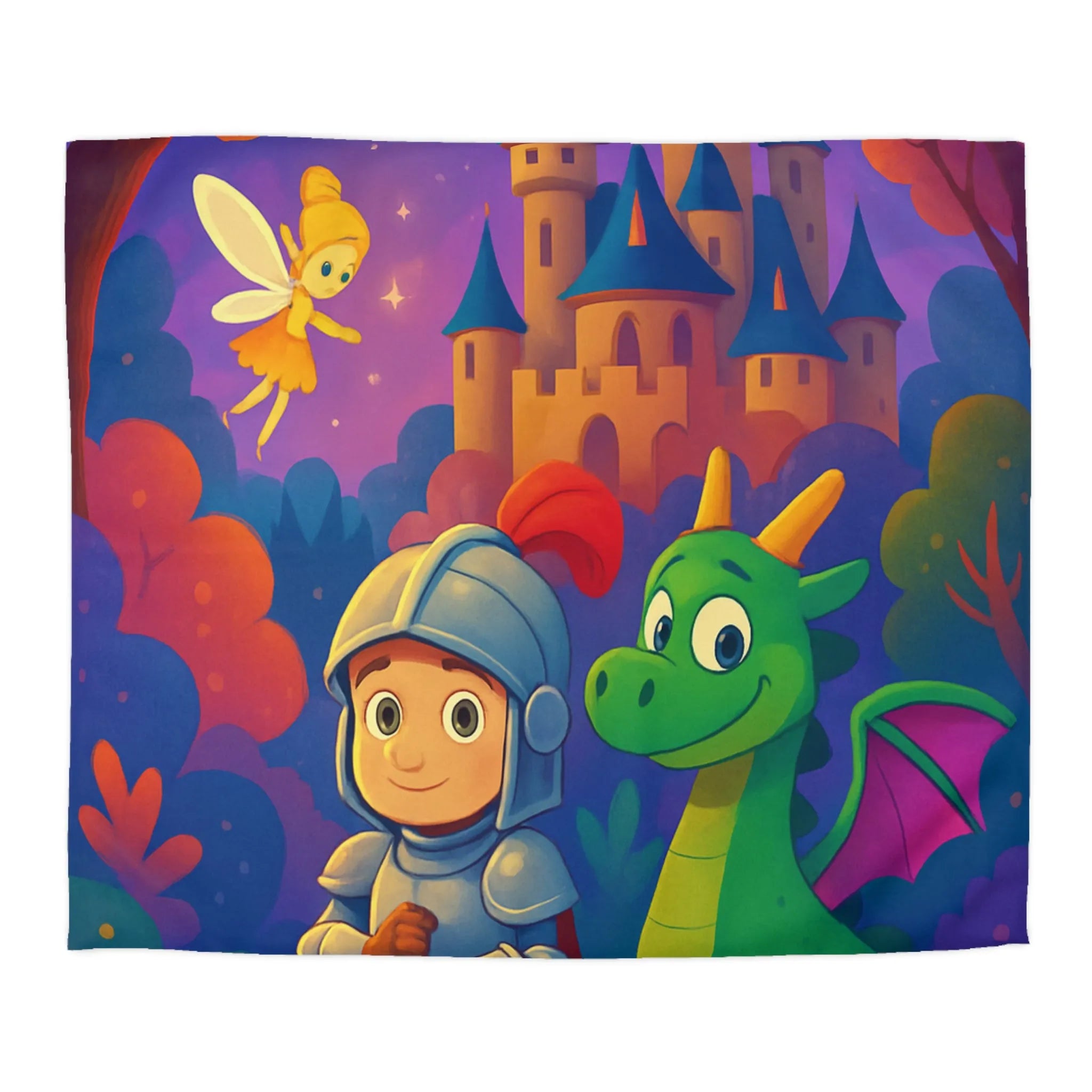 Housse de couette enfants, chevalier et dragon dans forêt enchantée avec fée et château