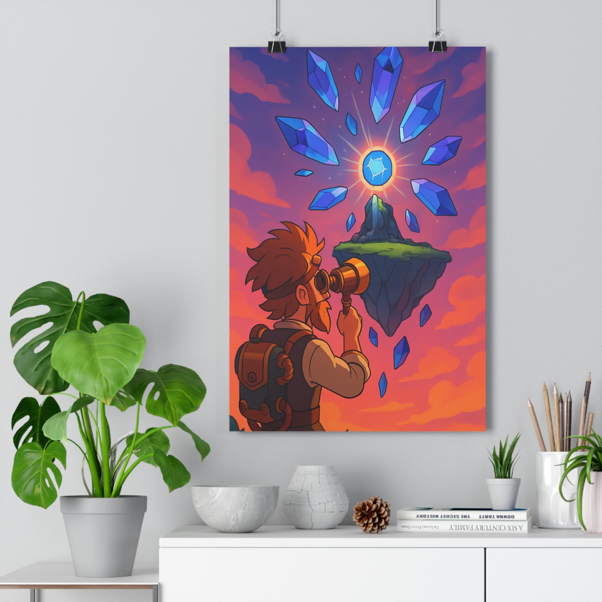 Poster décoratif anime bleu orange mystique explorateur chambre salon captivant éclatant lumineux magique détaillé