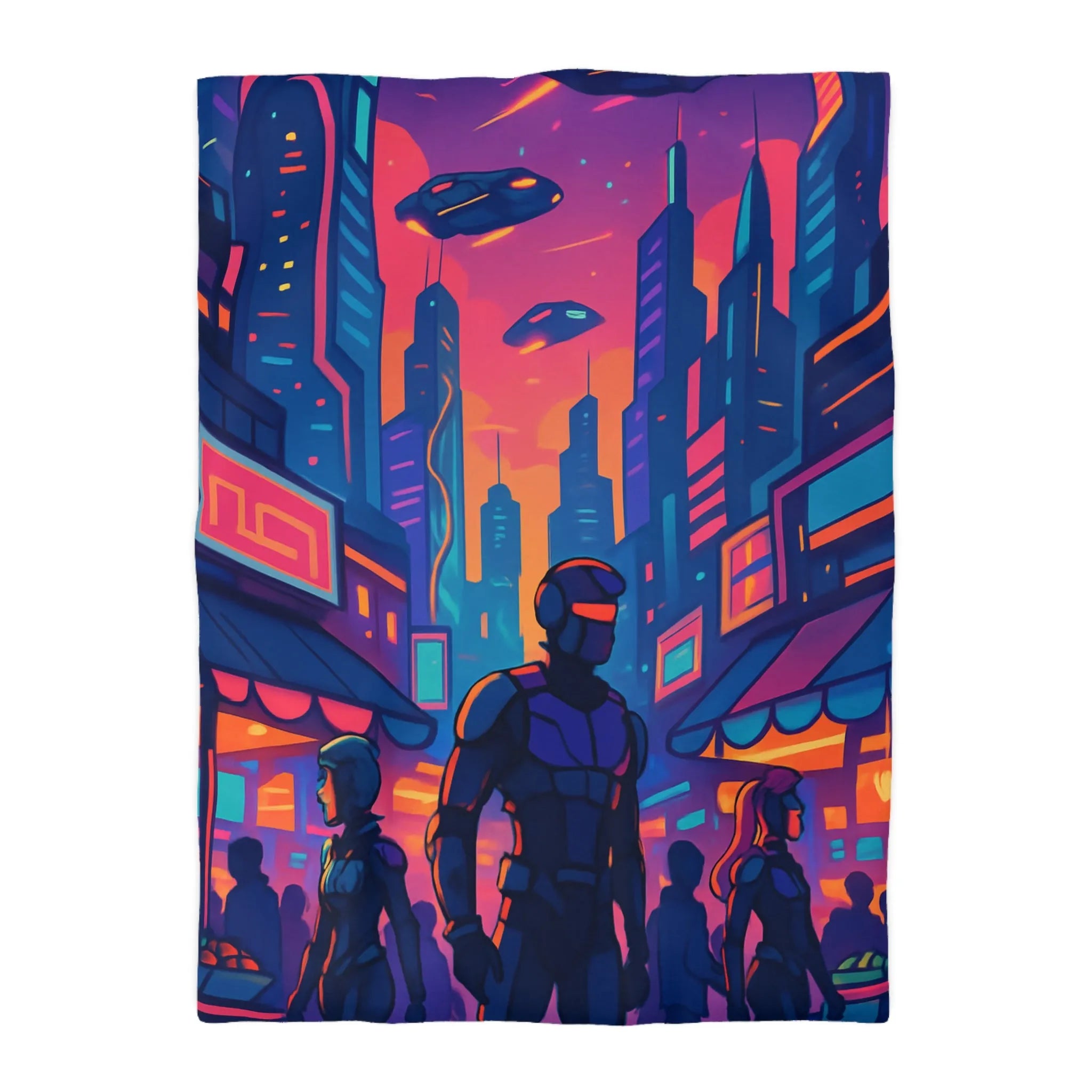 Housse de couette futuriste avec skyline néon et silhouettes urbaines nocturnes modernes