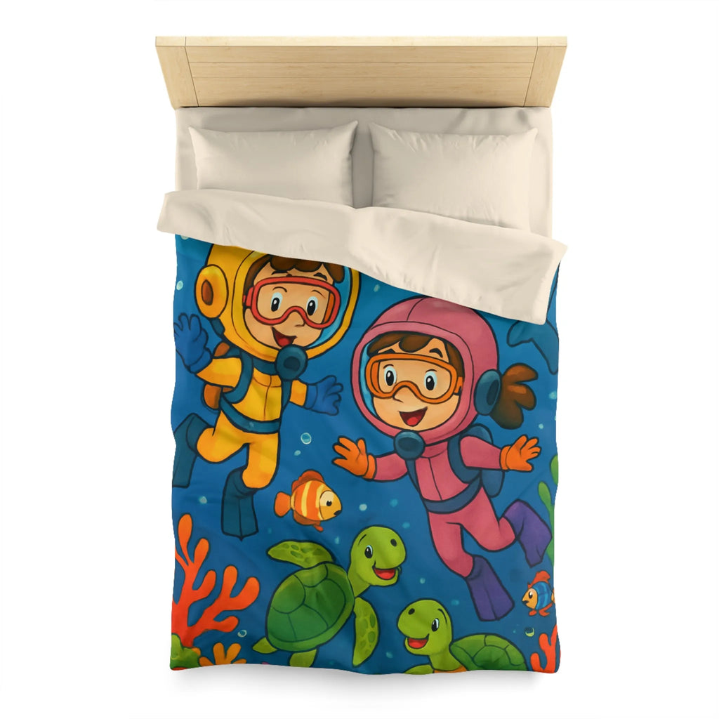 Housse de couette ludique pour enfant avec plongeurs et animaux marins multicolores