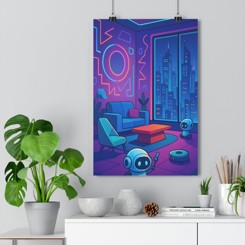 Poster décoratif dessin animé futuriste bleu rouge turquoise salon moderne robot néon chambre enfant