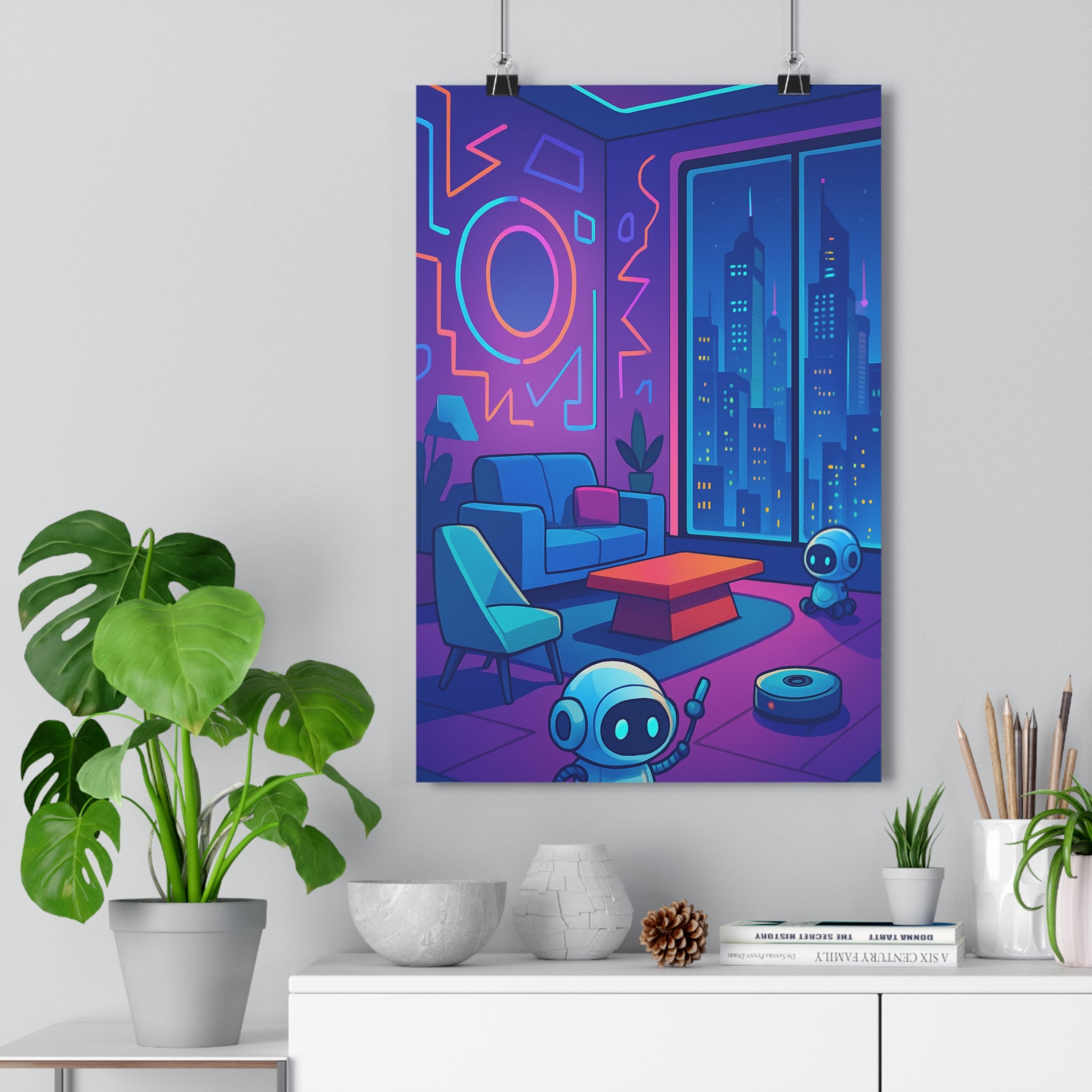Poster décoratif dessin animé futuriste bleu rouge turquoise salon moderne robot néon chambre enfant