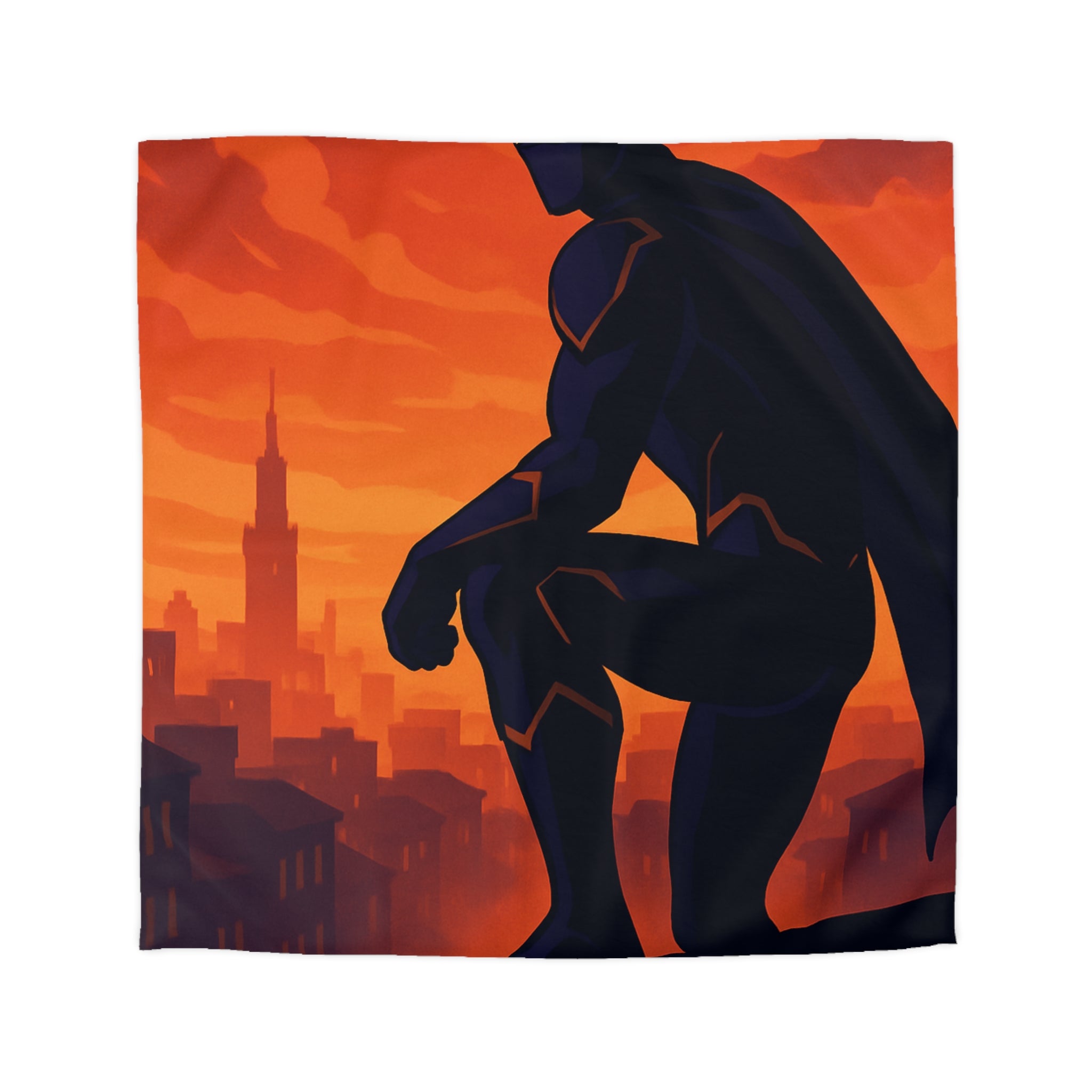 Housse de couette super-héros noir contemplant la ville dans un crépuscule rougeoyant