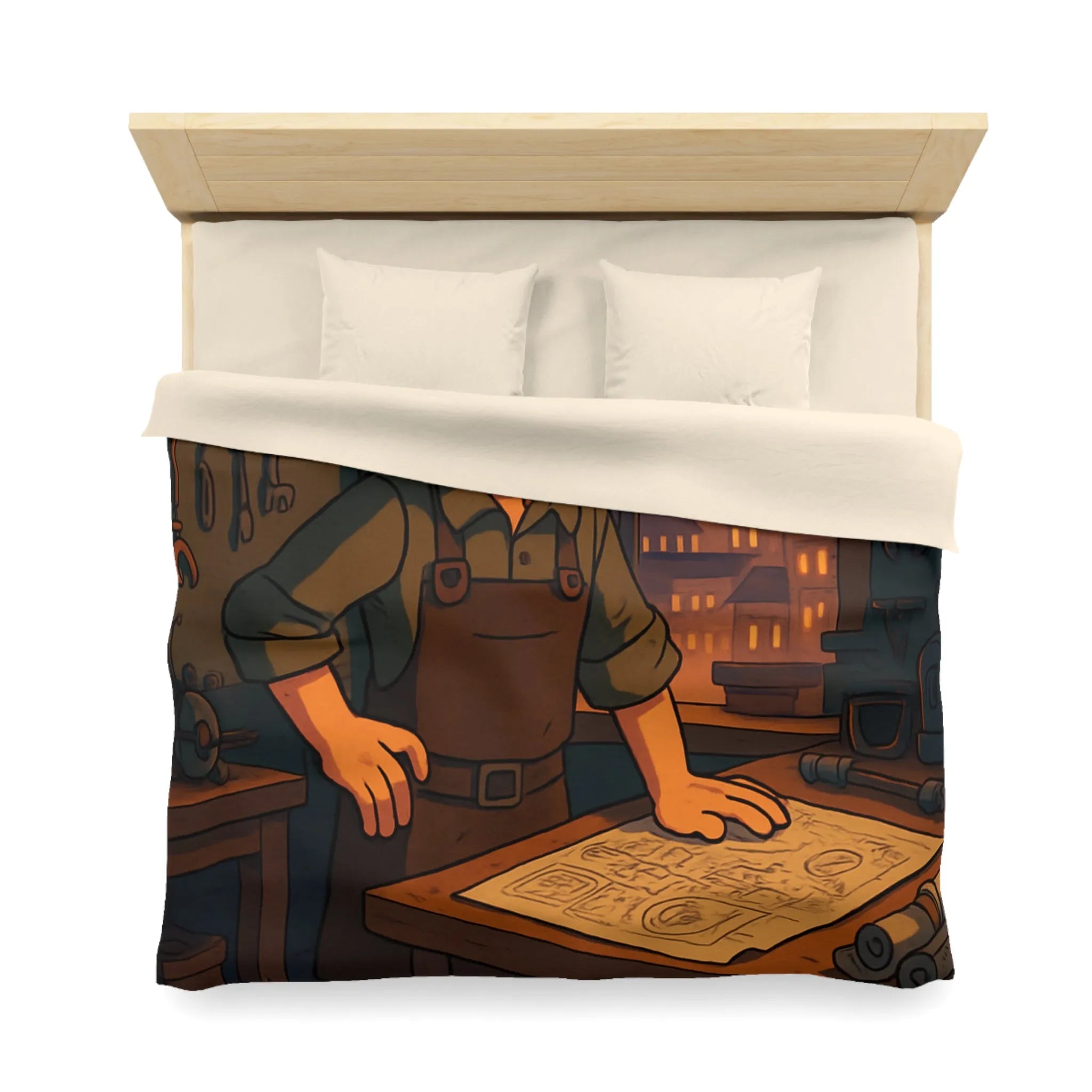 Housse de couette enfant avec illustration atelier rétro et robots amusants pour inventeur