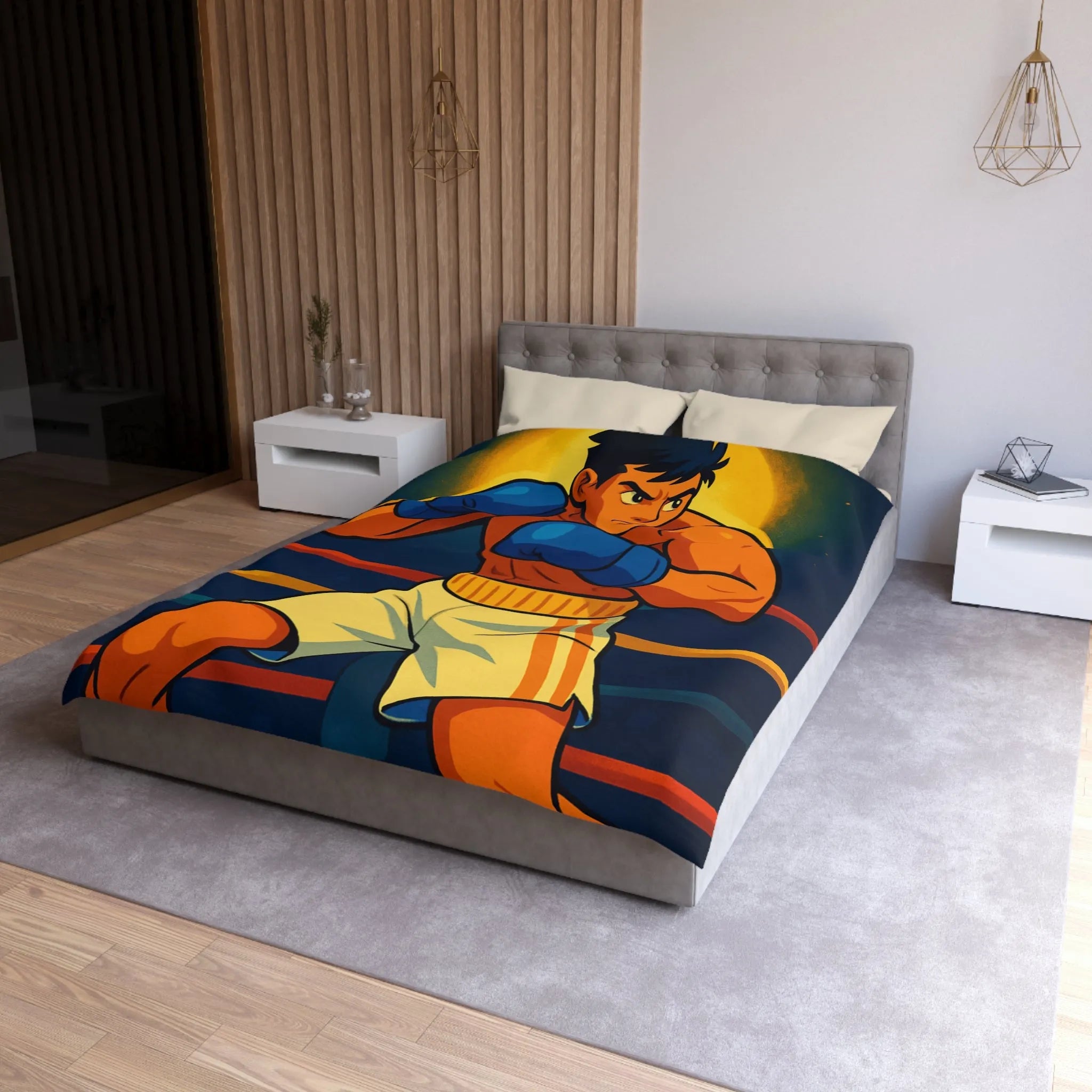 Housse de couette avec motif boxeur animé prêt pour le ring, style vibrant