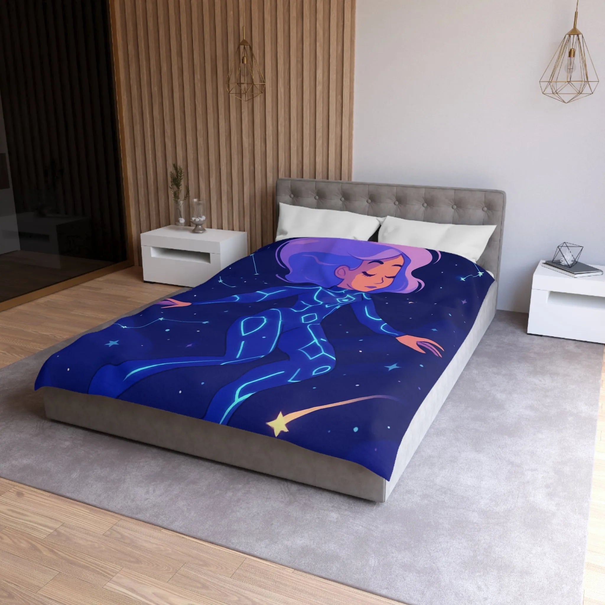 Housse de couette avec motif de personnage en combinaison spatiale et étoiles filantes