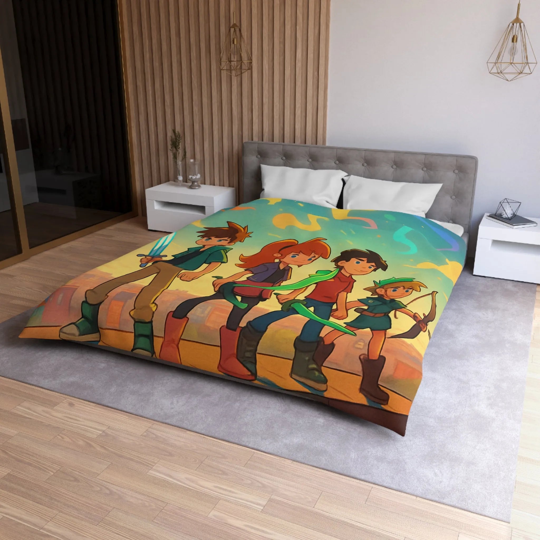 Housse de couette colorée avec quatre héros et ciel étoilé multicolore