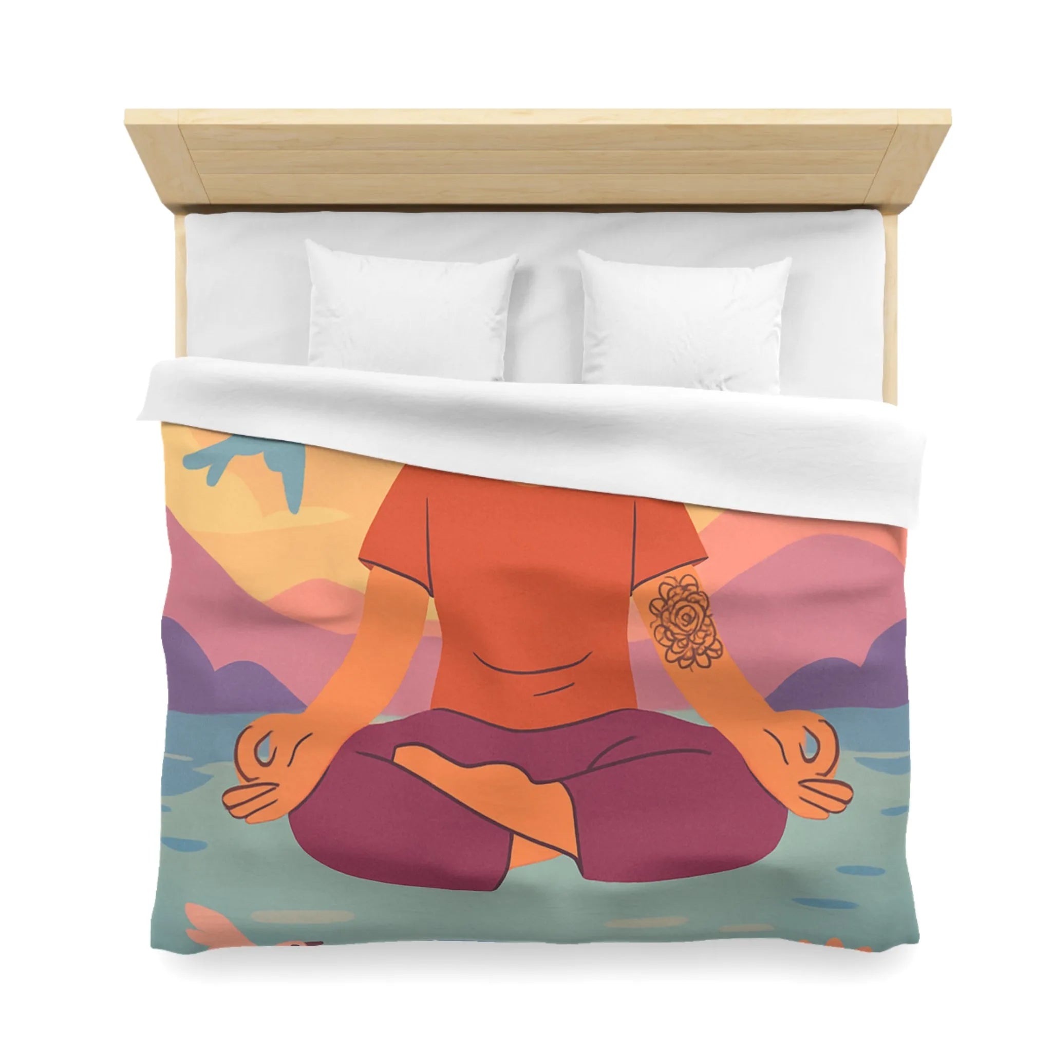 Housse de couette méditative avec motifs paisibles de nature et oiseaux colorés