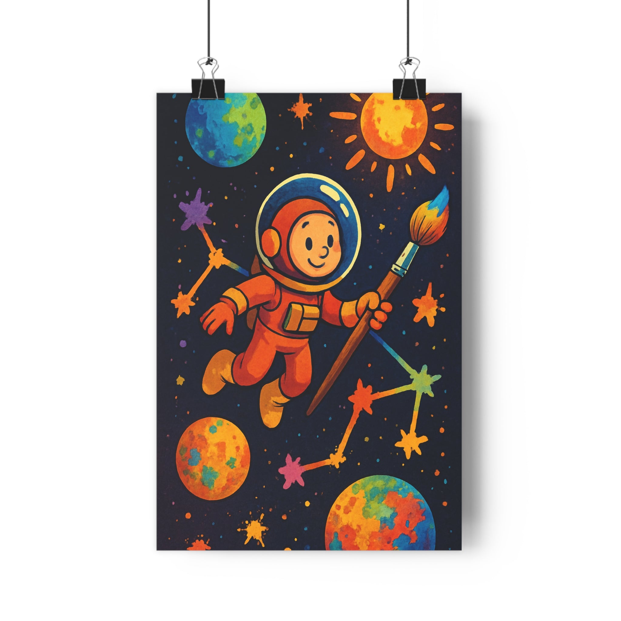 Poster décoratif astronaute cartoon bleu orange vert chambre enfant créatif aventure joyeux espace 30x46