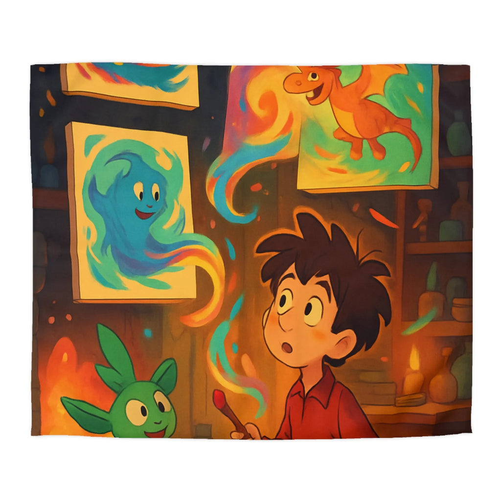 Housse de couette magique illustrant un artiste jeunesse avec créatures fantastiques et peintures lumineuses