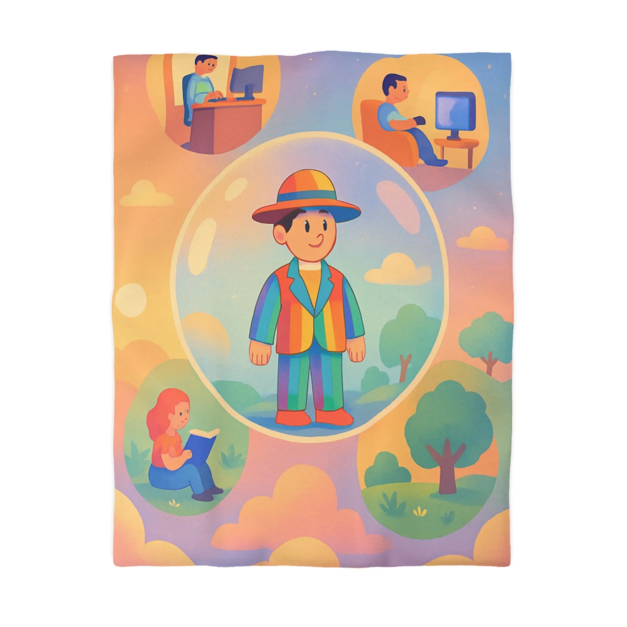 Housse de couette aux motifs rêveurs de personnages dans des bulles colorées et apaisantes