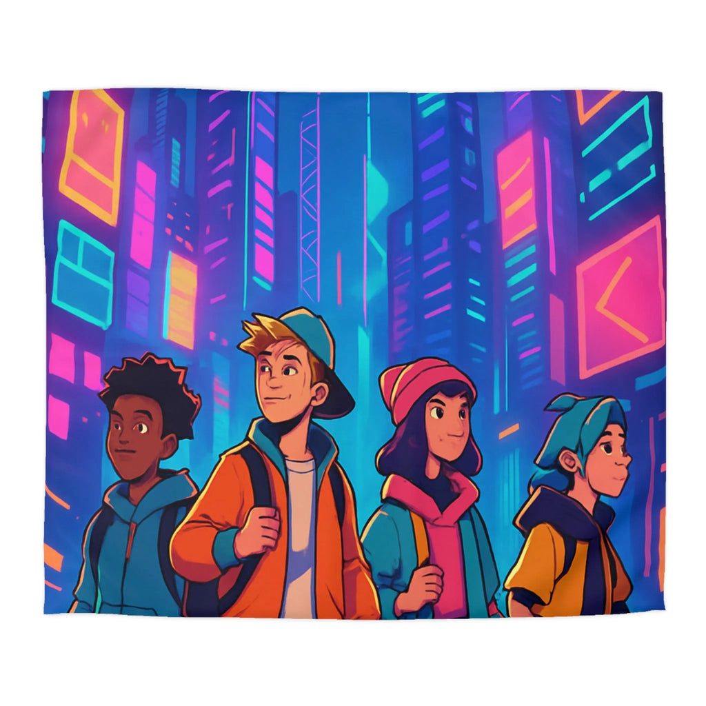 Couette Futuriste Enfants Explorateurs Style Rétro-Cyberpunk avec Néons Colorés pour Chambre Moderne