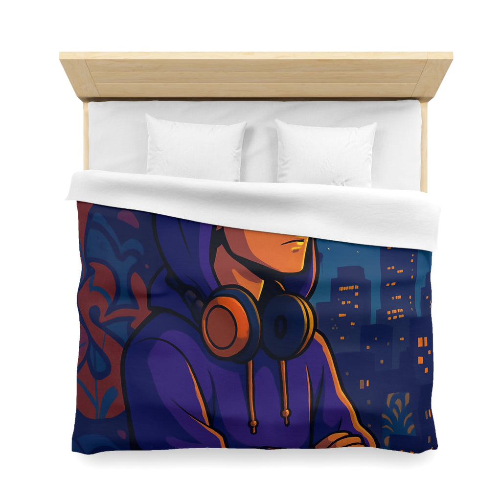 Housse de Couette Style Urbain avec Motifs Musique et Paysage Nocturne Animé