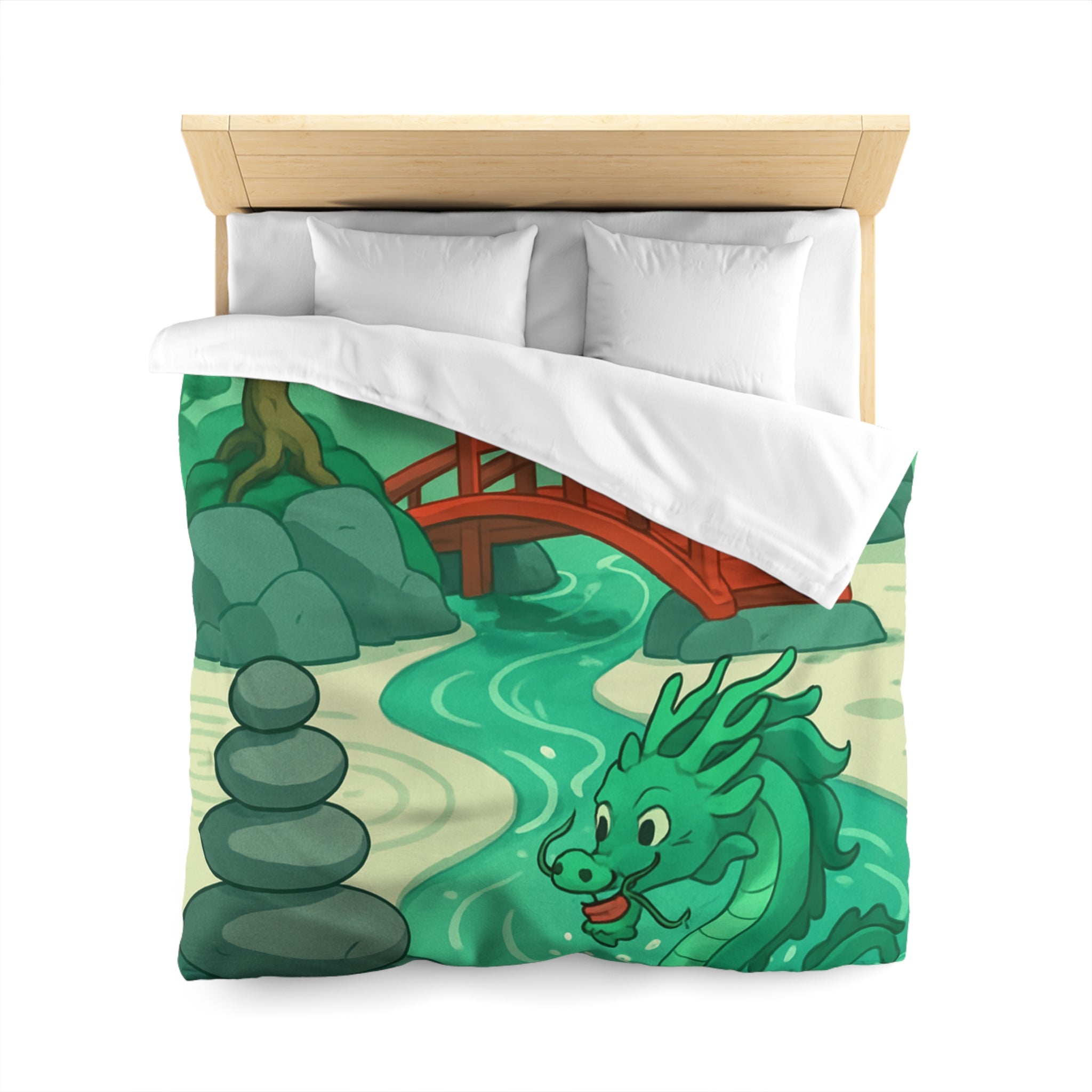 Magnifique housse de couette dragon vert dans jardin zen avec pont rouge