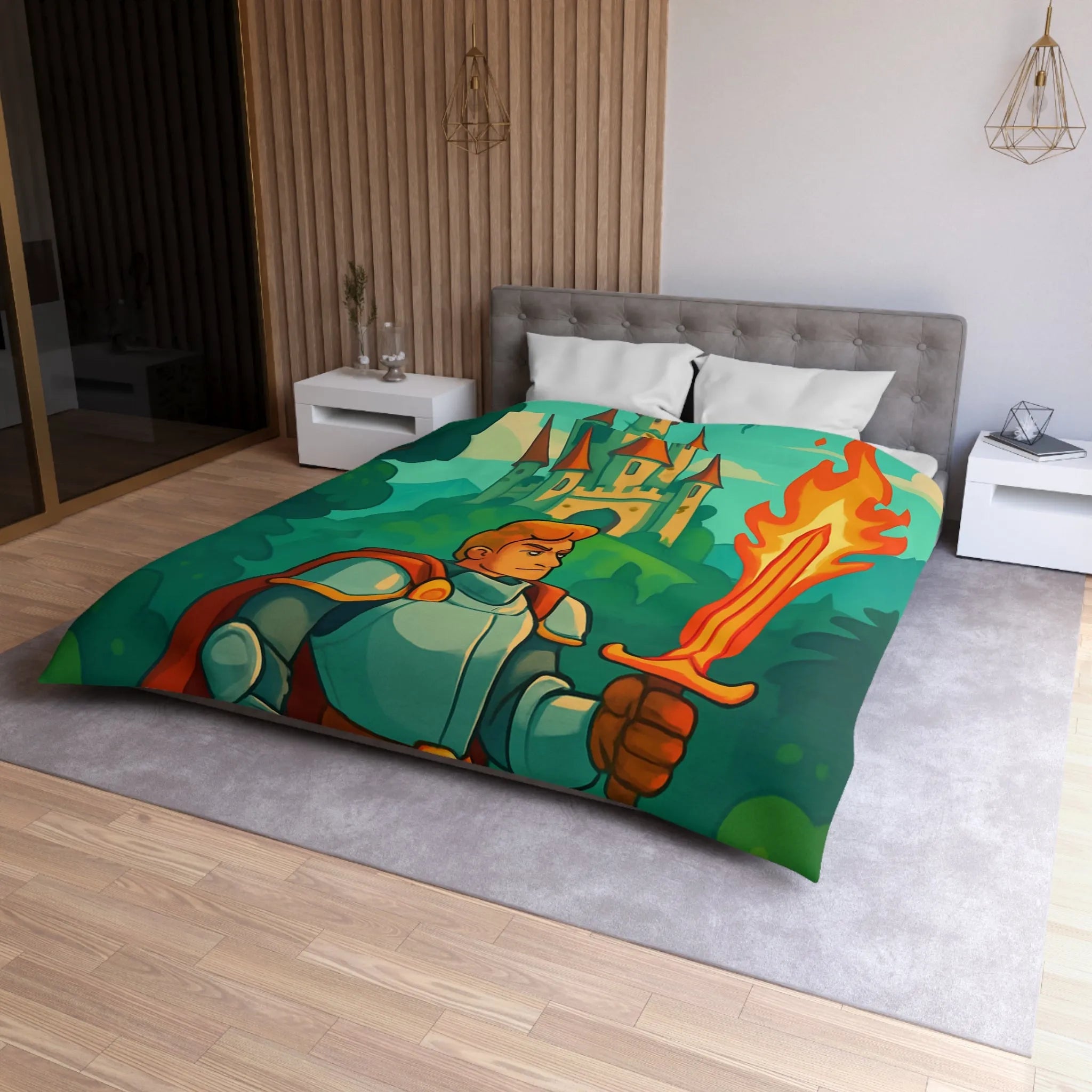 Housse de couette chevalier et dragon, ambiance médiévale fantastique aux couleurs vibrantes